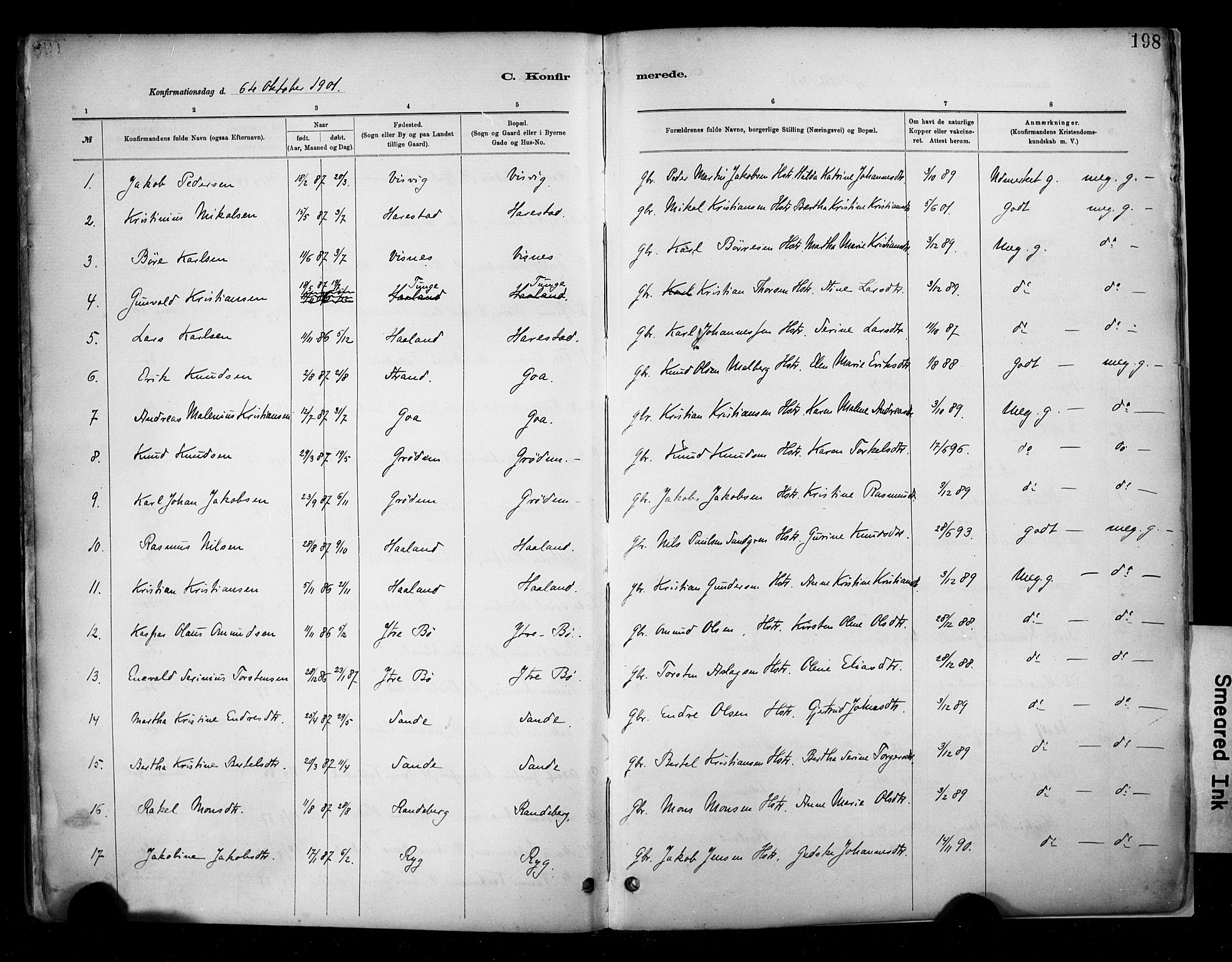 Hetland sokneprestkontor, SAST/A-101826/30/30BA/L0009: Parish register (official) no. A 9, 1882-1918, p. 198