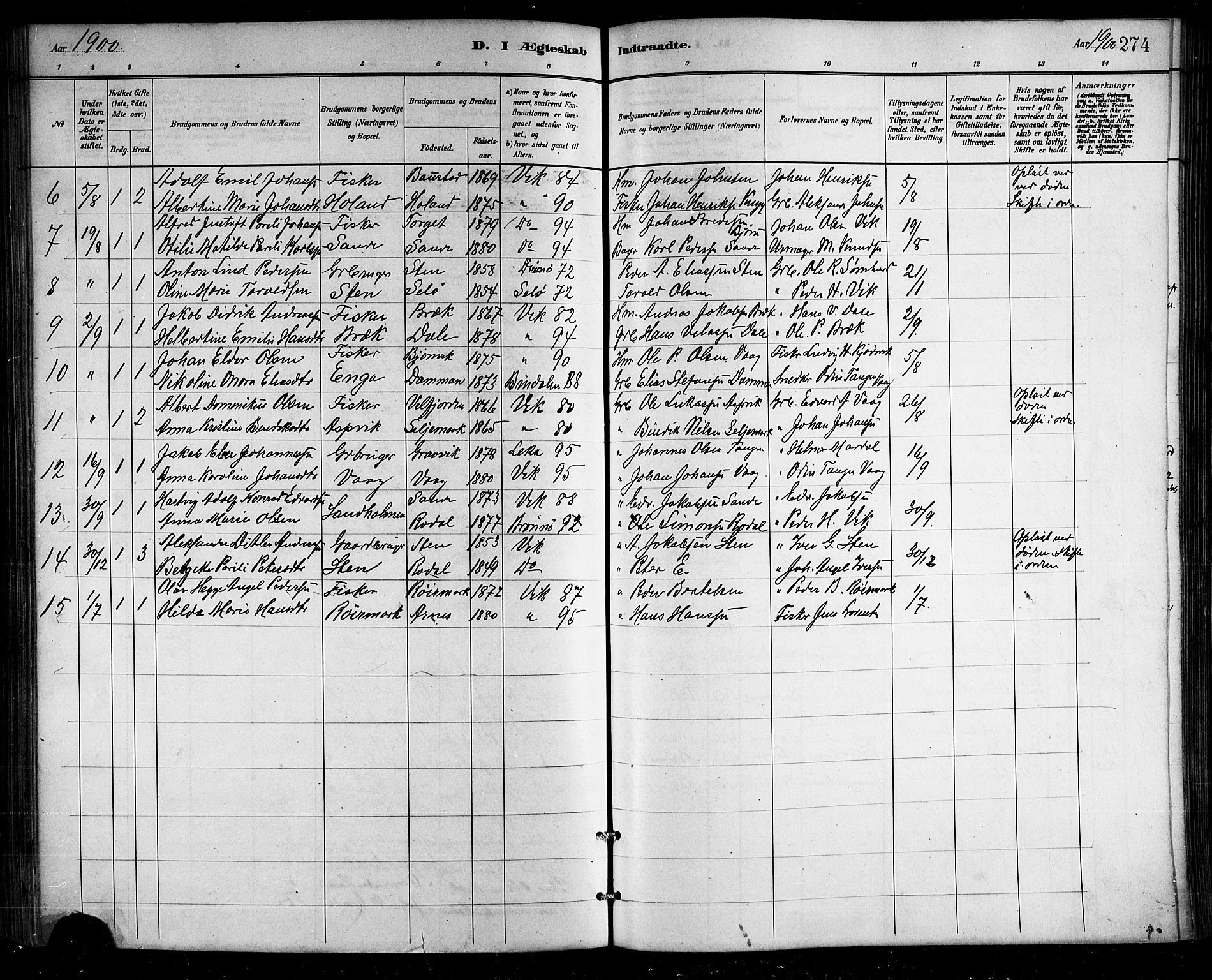 Ministerialprotokoller, klokkerbøker og fødselsregistre - Nordland, SAT/A-1459/812/L0188: Parish register (copy) no. 812C06, 1884-1912, p. 274