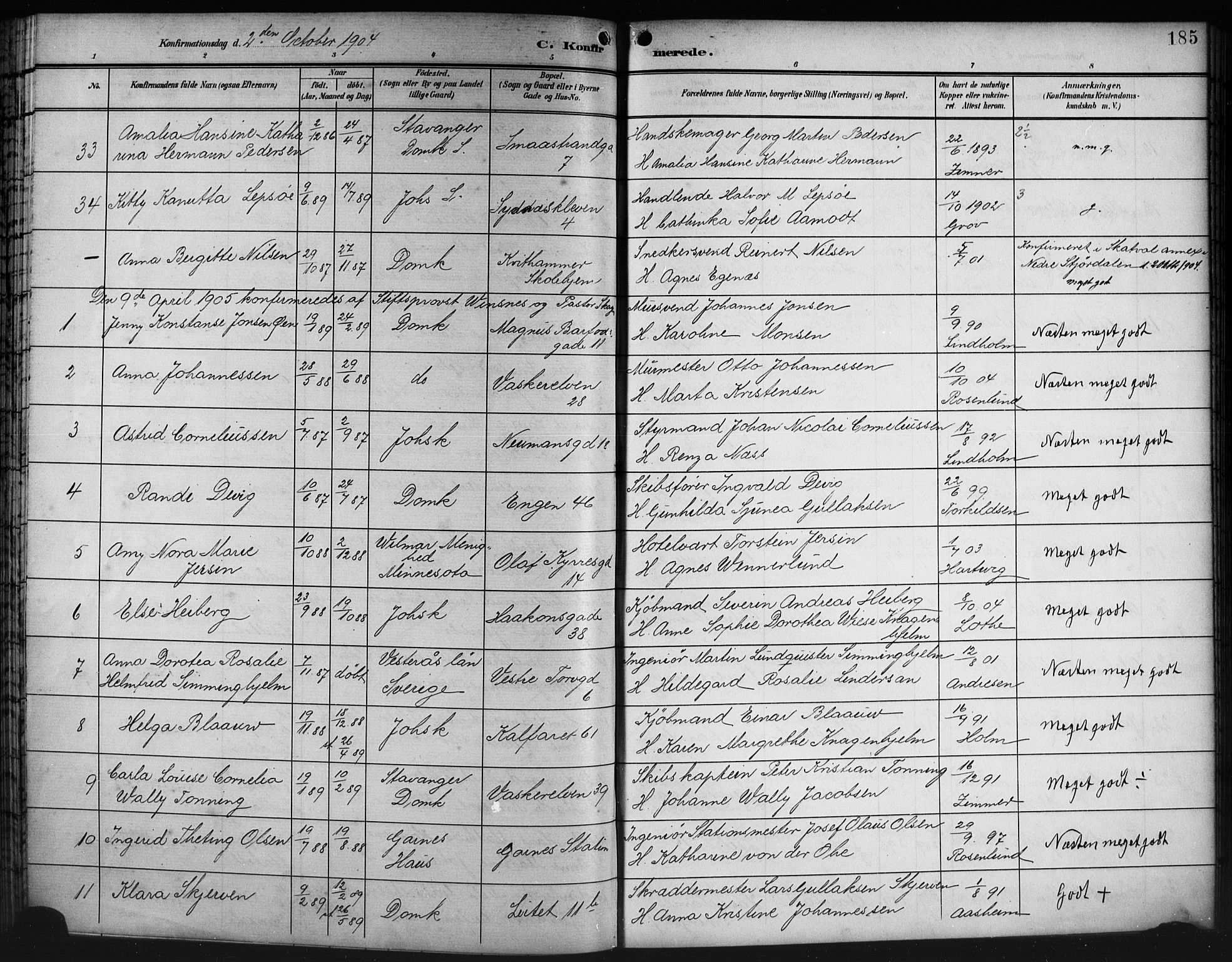 Domkirken sokneprestembete, SAB/A-74801/H/Hab/L0025: Parish register (copy) no. C 5, 1899-1916, p. 185