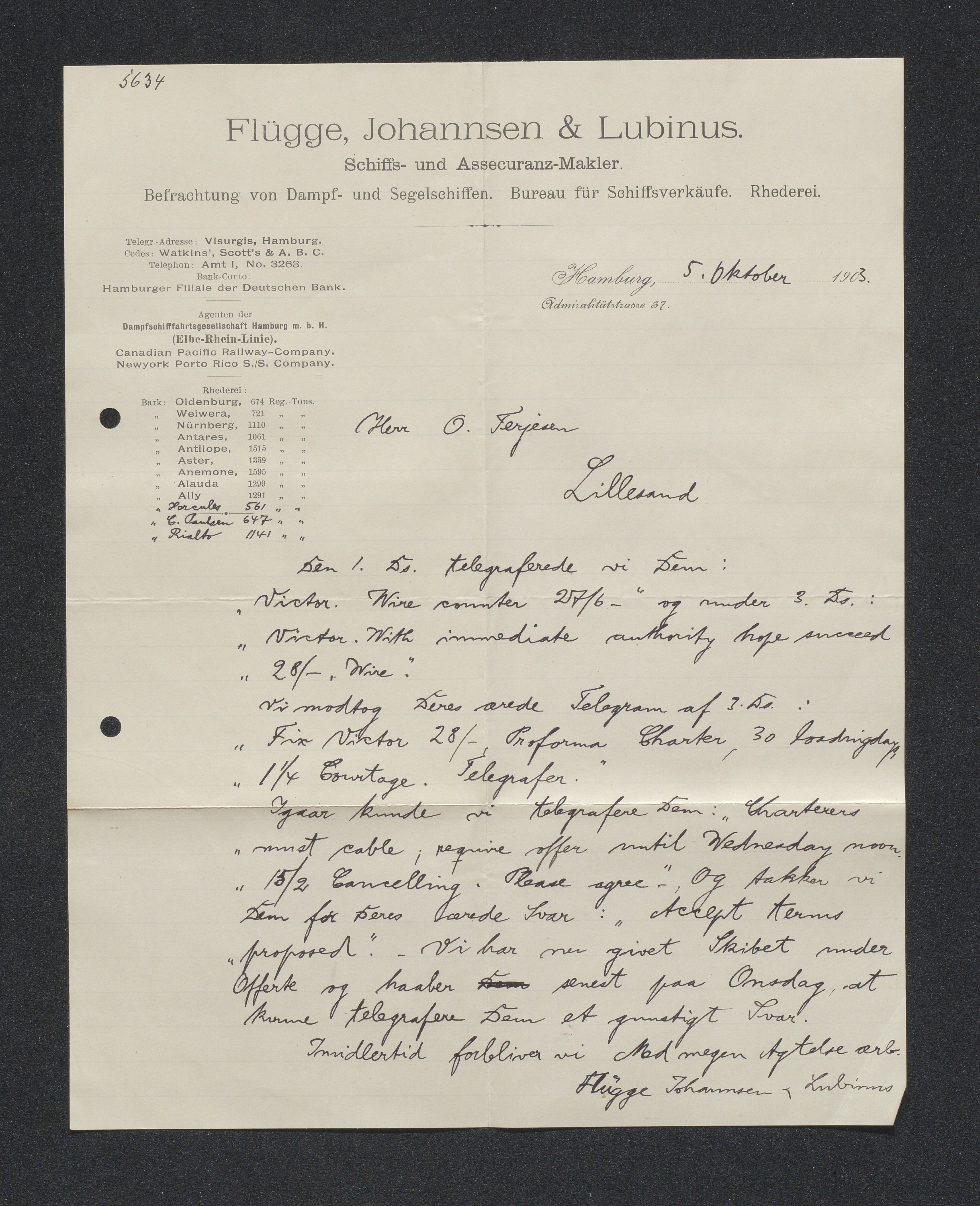 O. Terjesens rederi, AAKS/PA-2525/E/E01/L0011: Korrespondanse, 1903