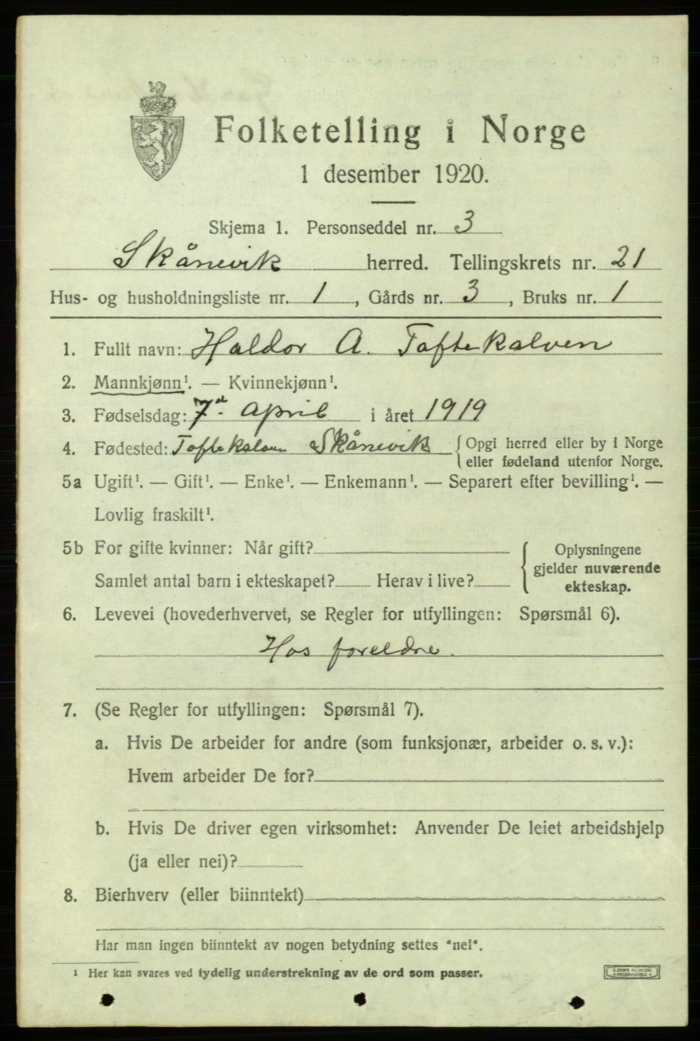 SAB, 1920 census for Skånevik, 1920, p. 7777