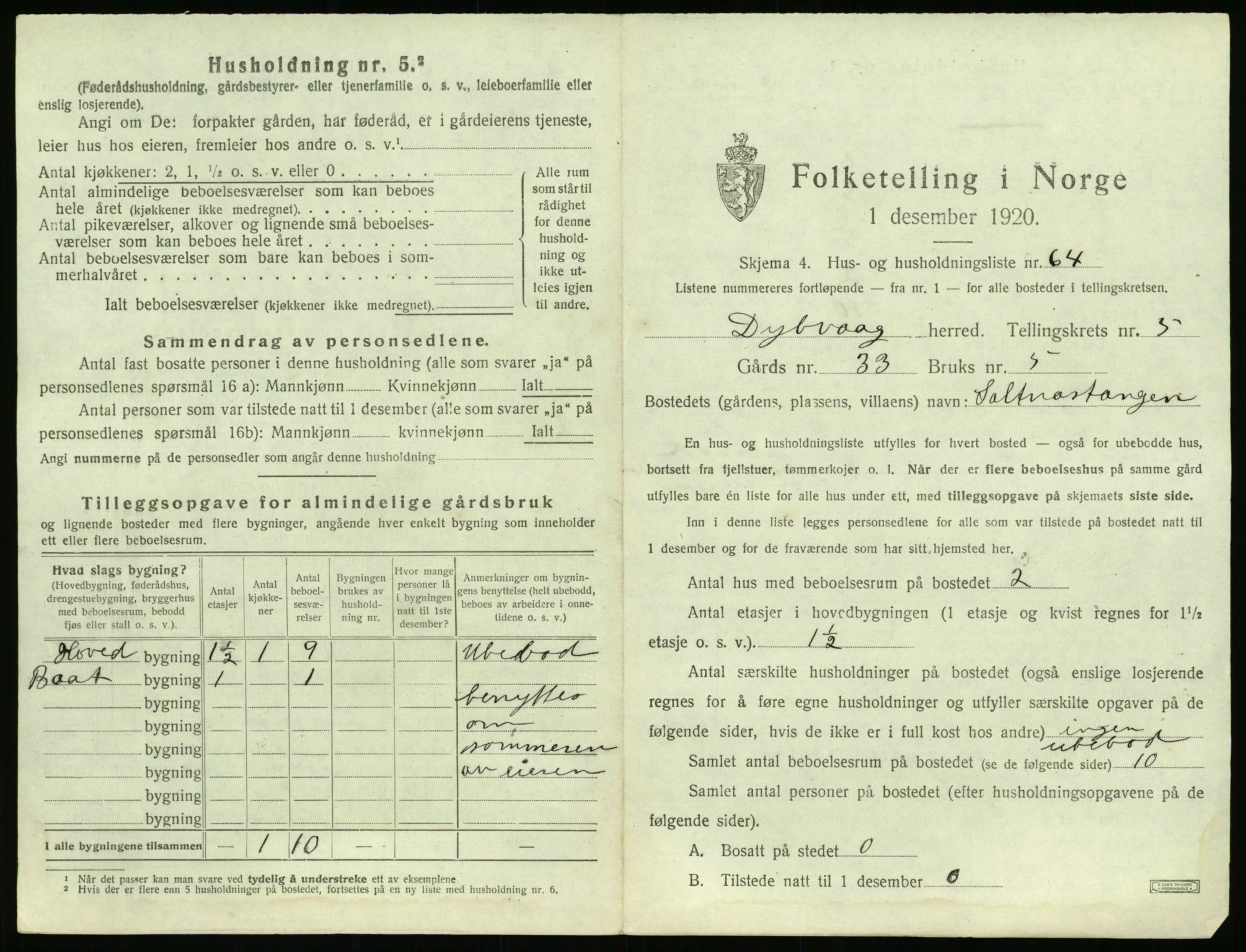 SAK, 1920 census for Dypvåg, 1920, p. 899