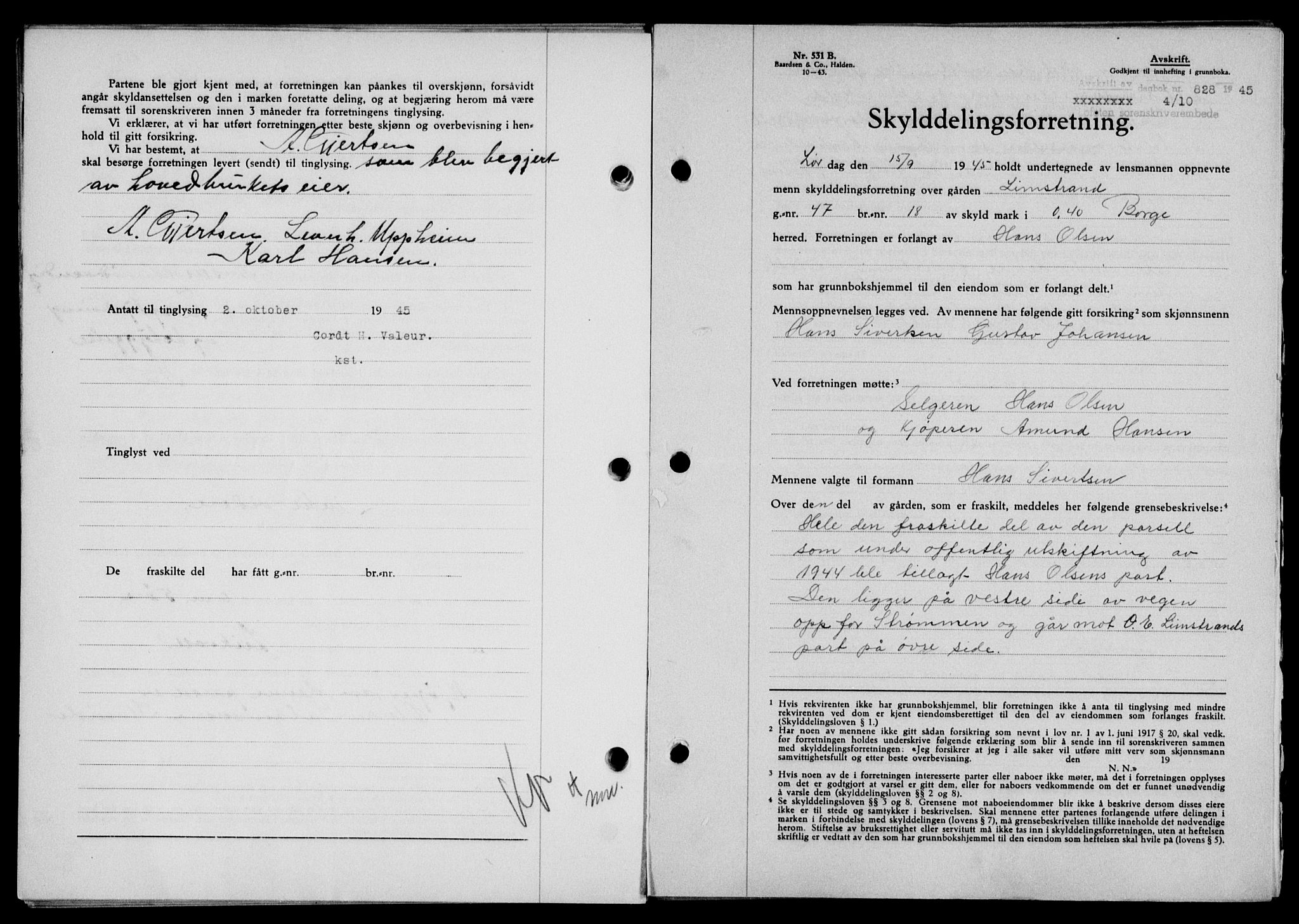 Lofoten sorenskriveri, SAT/A-0017/1/2/2C/L0013a: Mortgage book no. 13a, 1944-1946, Diary no: : 828/1945