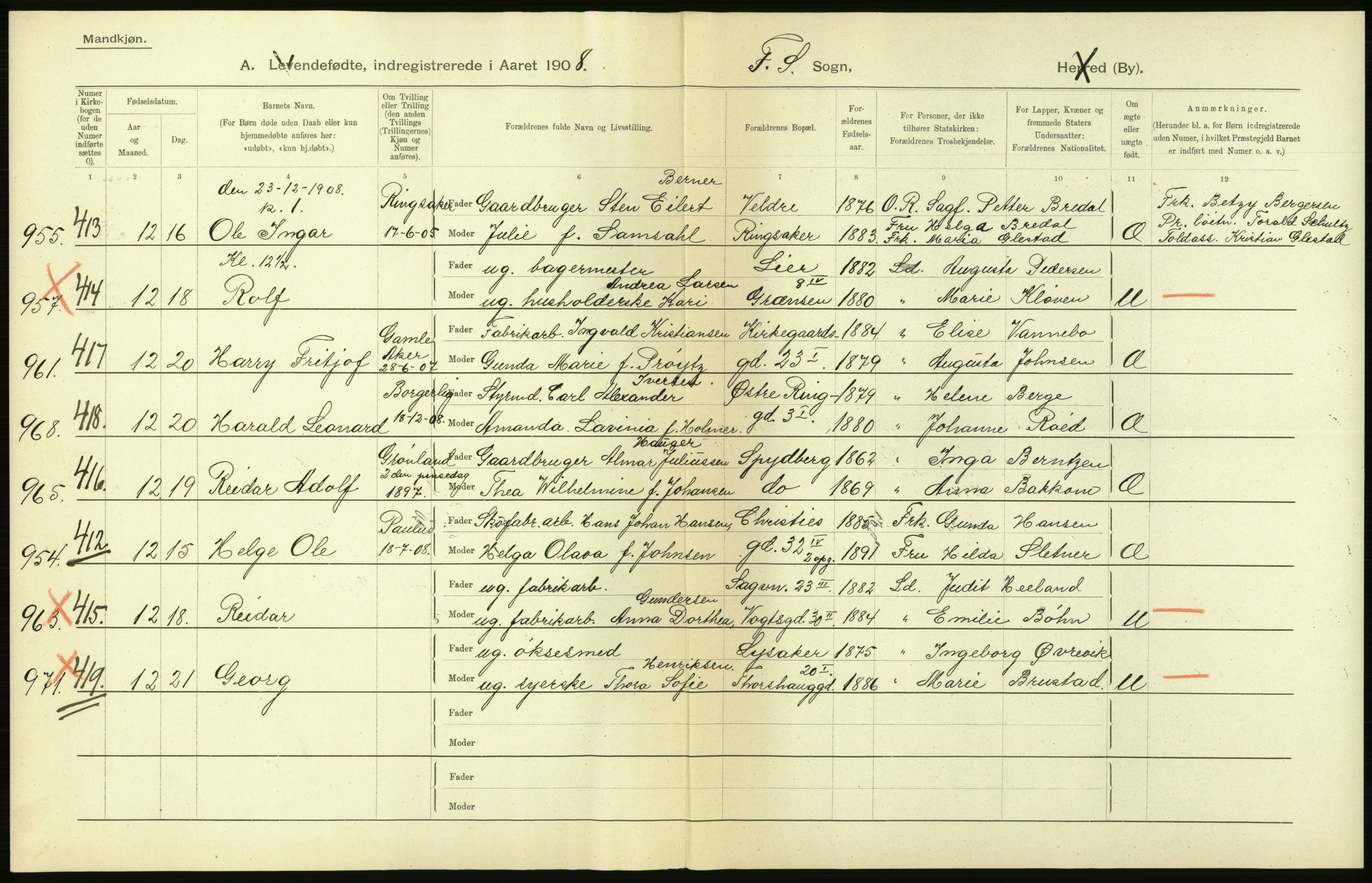 Statistisk sentralbyrå, Sosiodemografiske emner, Befolkning, AV/RA-S-2228/D/Df/Dfa/Dfaf/L0005: Kristiania: Levendefødte menn og kvinner., 1908, p. 104