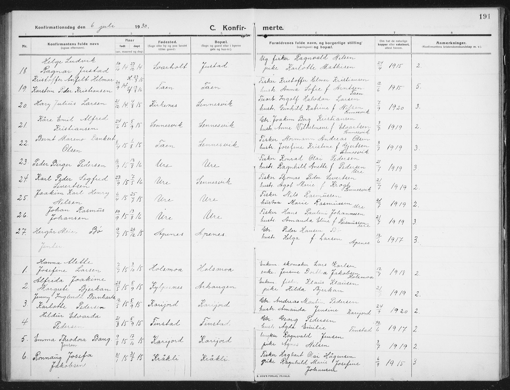 Ministerialprotokoller, klokkerbøker og fødselsregistre - Nordland, SAT/A-1459/882/L1183: Parish register (copy) no. 882C01, 1911-1938, p. 191