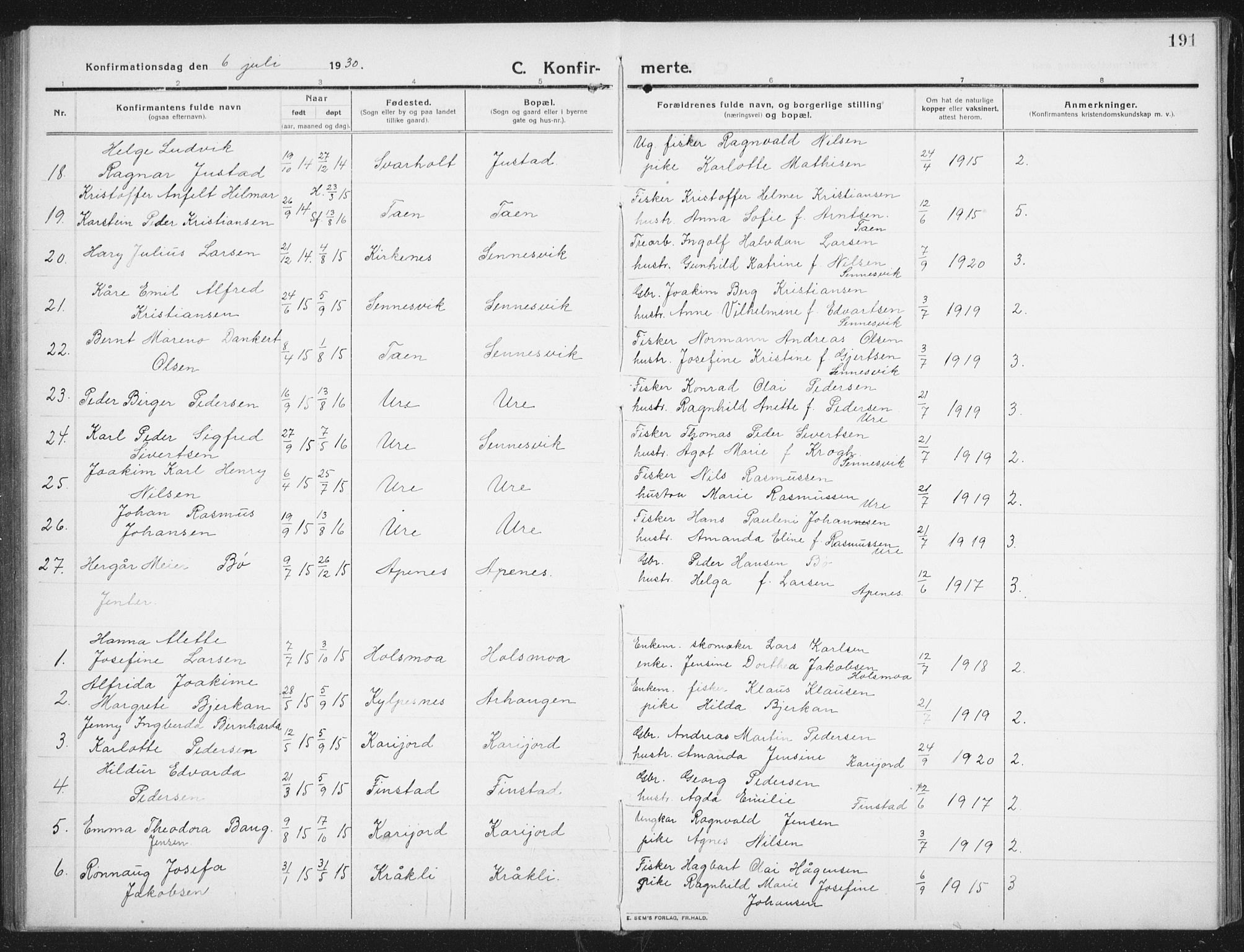 Ministerialprotokoller, klokkerbøker og fødselsregistre - Nordland, AV/SAT-A-1459/882/L1183: Parish register (copy) no. 882C01, 1911-1938, p. 191