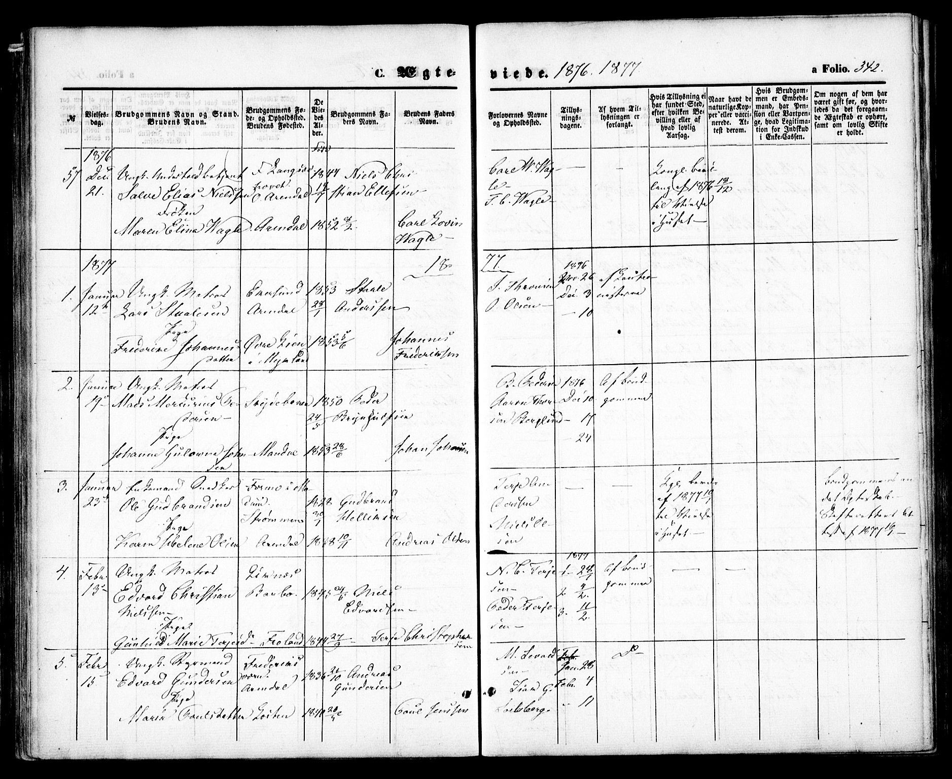 Arendal sokneprestkontor, Trefoldighet, SAK/1111-0040/F/Fa/L0007: Parish register (official) no. A 7, 1868-1878, p. 342