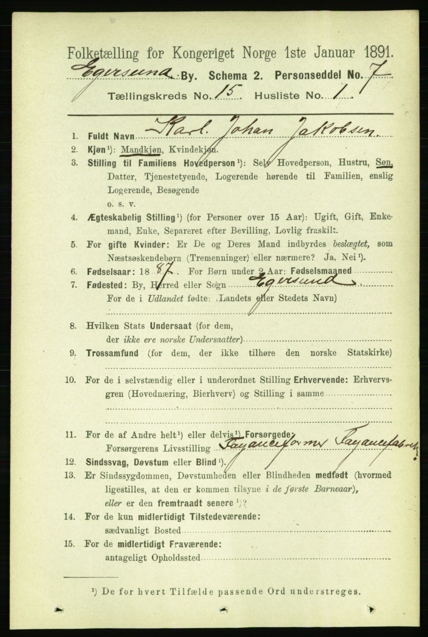 RA, 1891 census for 1101 Egersund, 1891, p. 2800