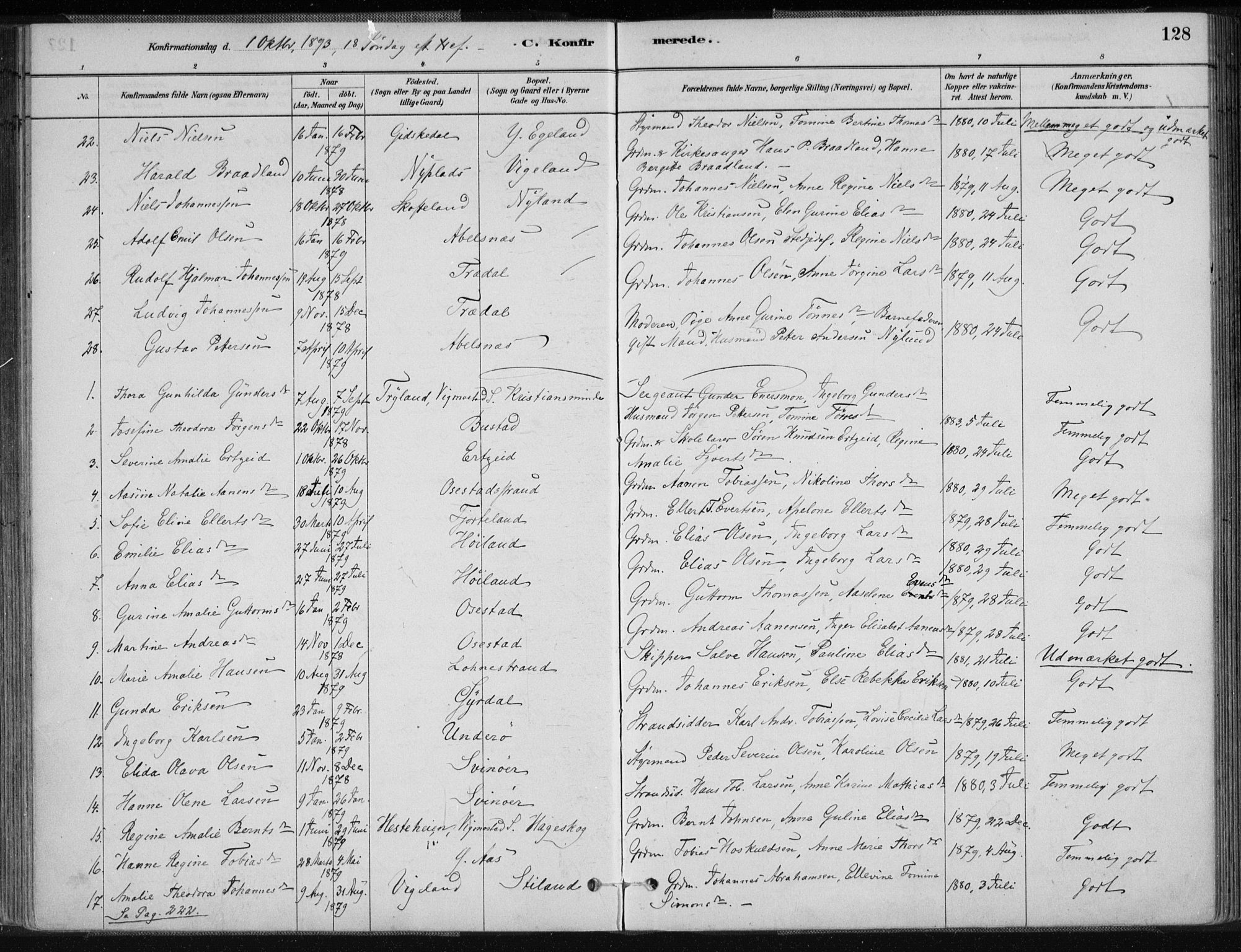 Sør-Audnedal sokneprestkontor, AV/SAK-1111-0039/F/Fa/Fab/L0009: Parish register (official) no. A 9, 1880-1895, p. 128