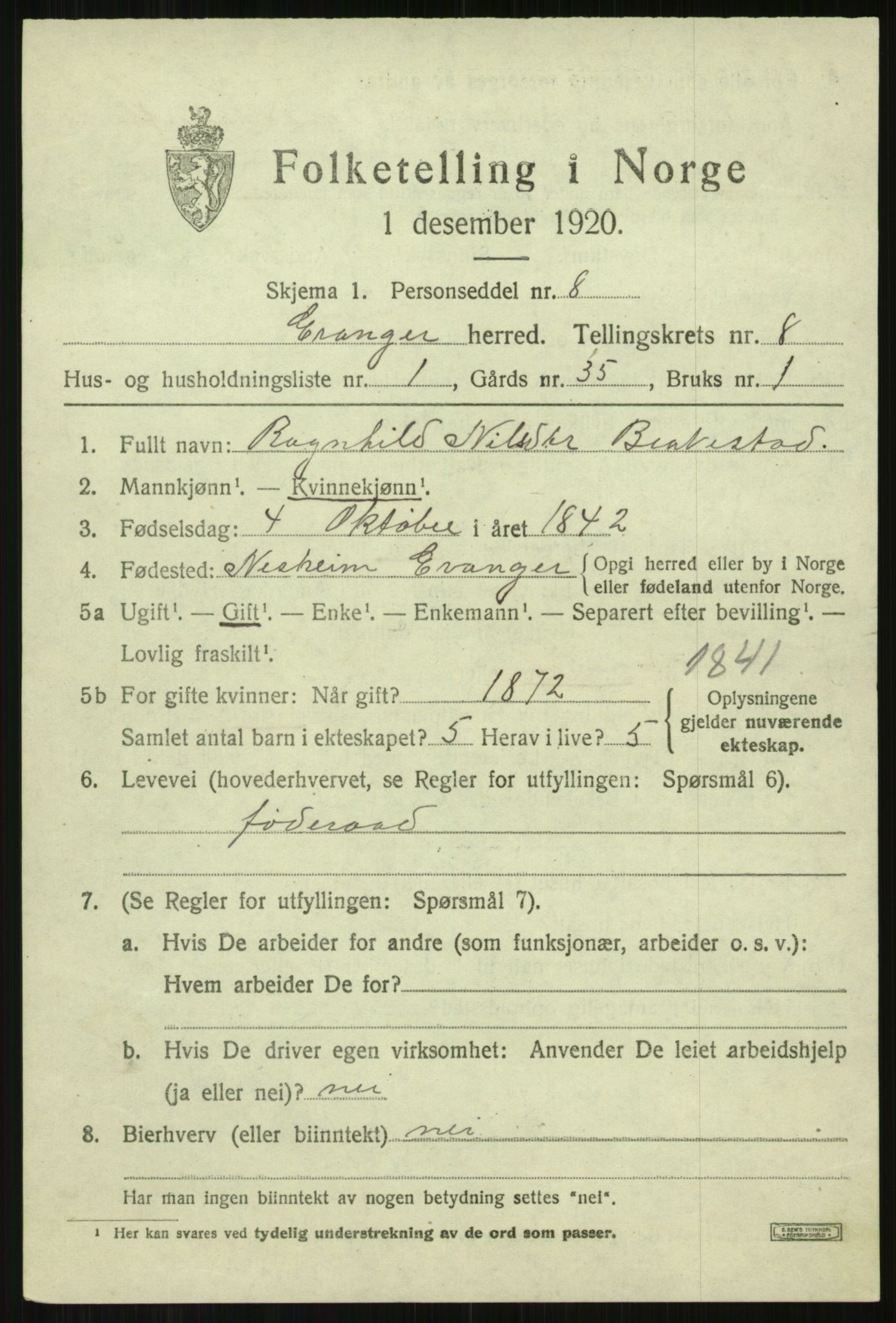 SAB, 1920 census for Evanger, 1920, p. 2493