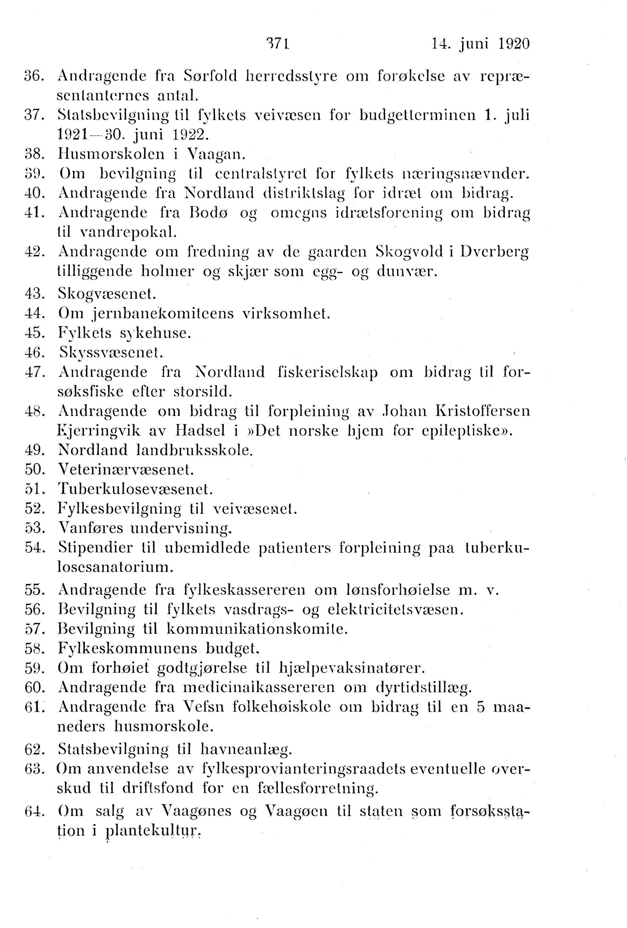 Nordland Fylkeskommune. Fylkestinget, AIN/NFK-17/176/A/Ac/L0043: Fylkestingsforhandlinger 1920, 1920