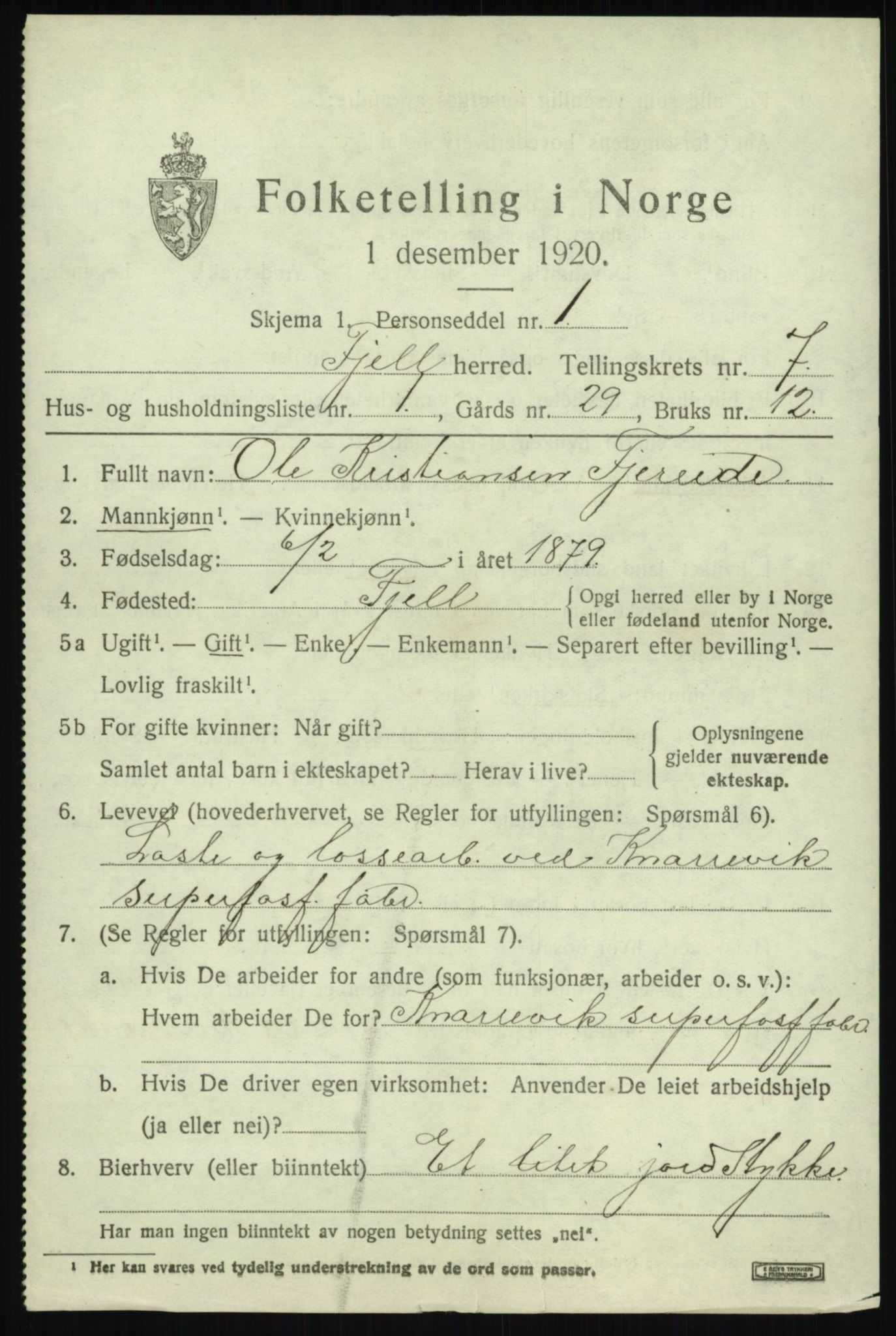 SAB, 1920 census for Fjell, 1920, p. 6406