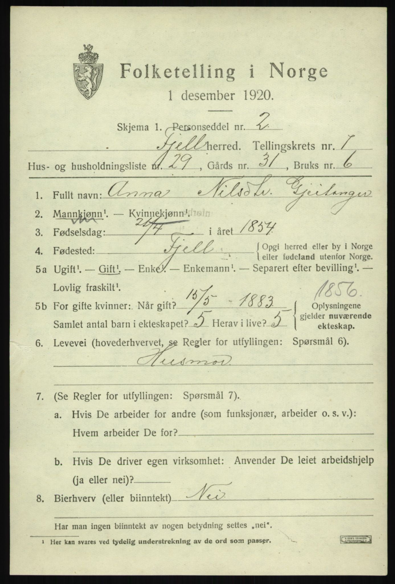 SAB, 1920 census for Fjell, 1920, p. 6776