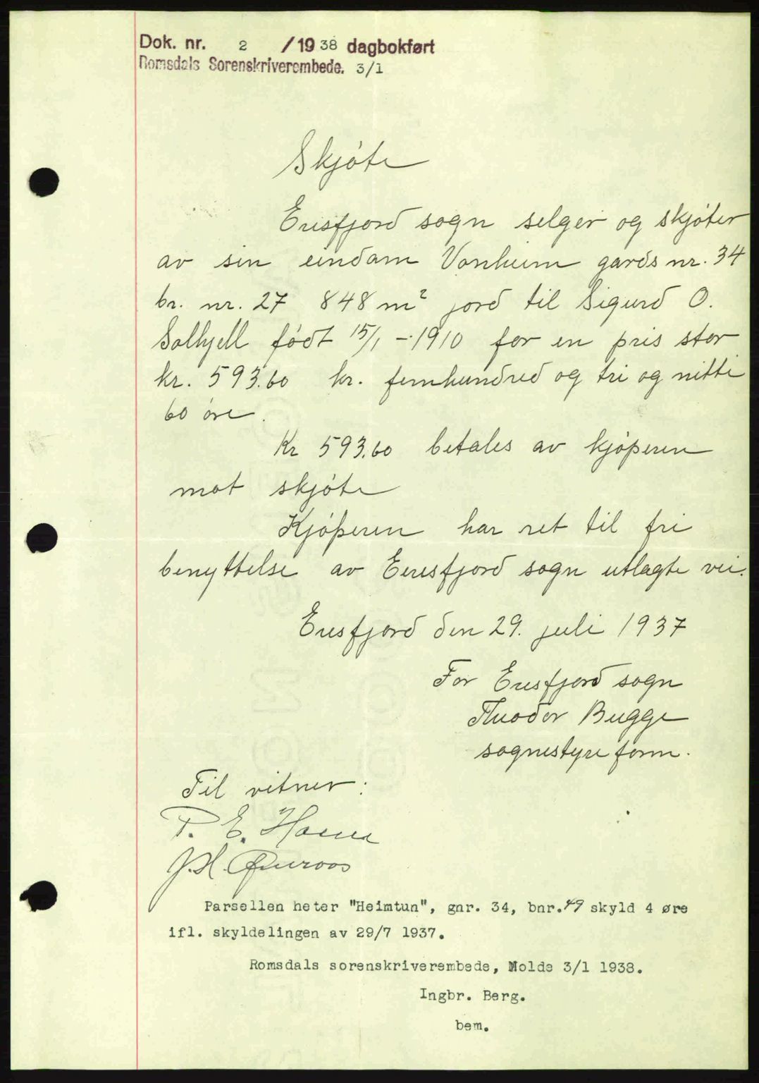 Romsdal sorenskriveri, SAT/A-4149/1/2/2C: Mortgage book no. A4, 1937-1938, Diary no: : 2/1938