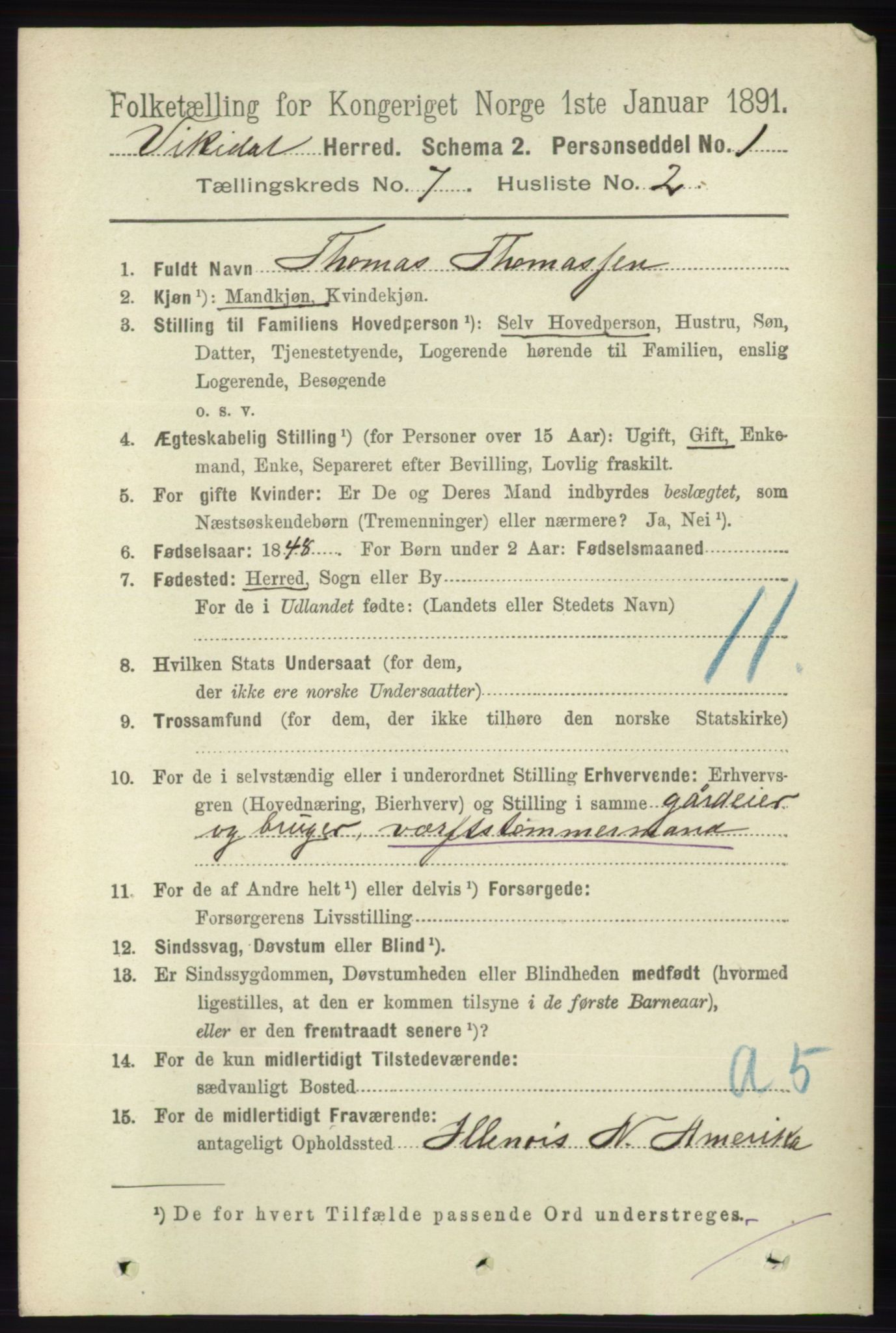 RA, 1891 census for 1157 Vikedal, 1891, p. 2042