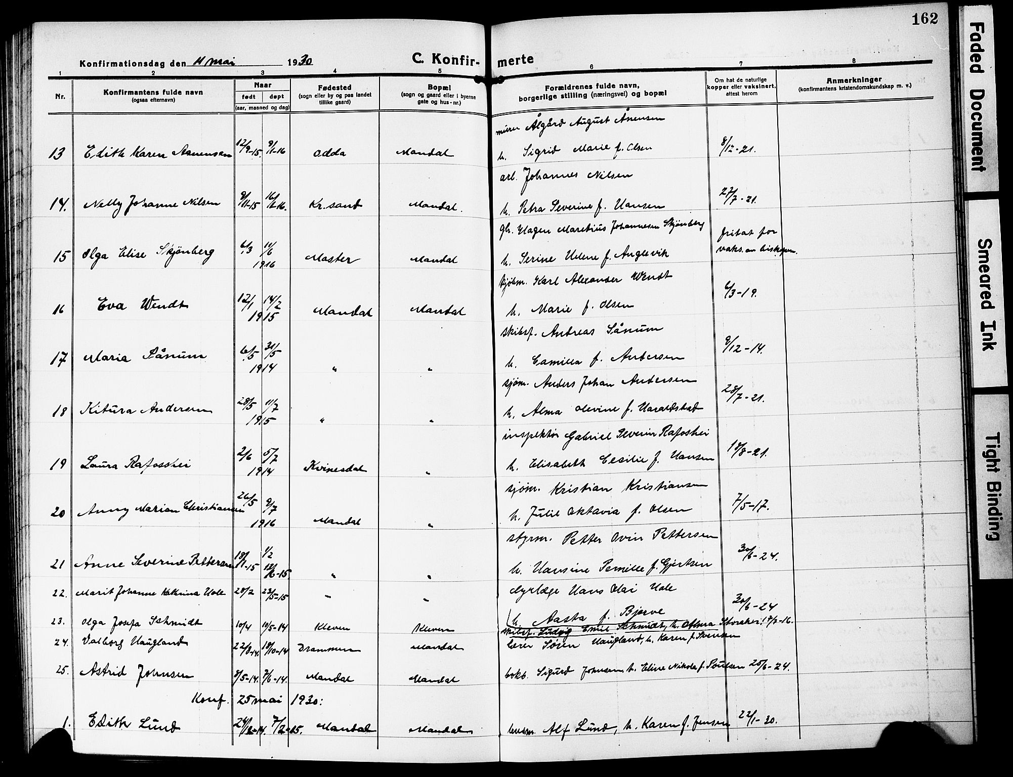 Mandal sokneprestkontor, SAK/1111-0030/F/Fb/Fbc/L0001: Parish register (copy) no. B 1, 1918-1931, p. 162