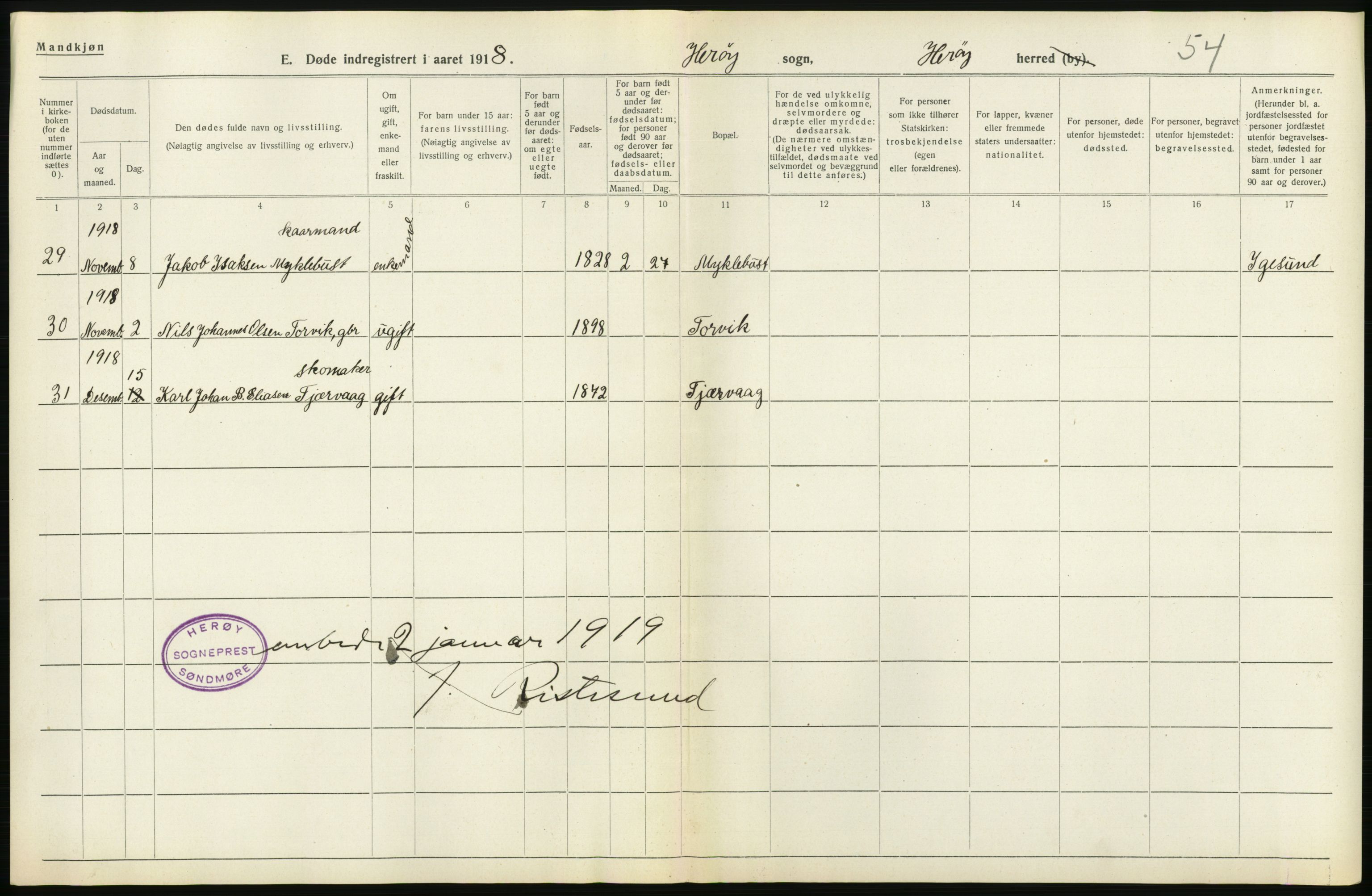 Statistisk sentralbyrå, Sosiodemografiske emner, Befolkning, RA/S-2228/D/Df/Dfb/Dfbh/L0045: Møre fylke: Døde. Bygder og byer., 1918, p. 306