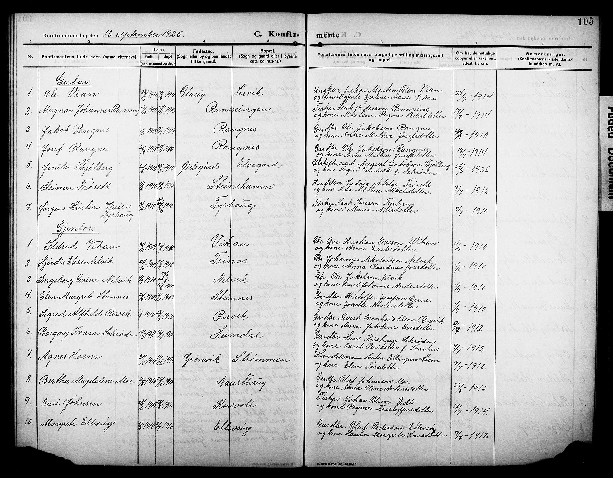 Ministerialprotokoller, klokkerbøker og fødselsregistre - Møre og Romsdal, SAT/A-1454/581/L0943: Parish register (copy) no. 581C01, 1909-1931, p. 105