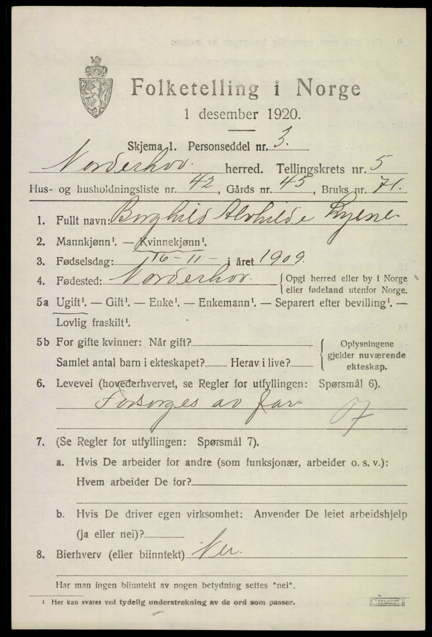 SAKO, 1920 census for Norderhov, 1920, p. 8203