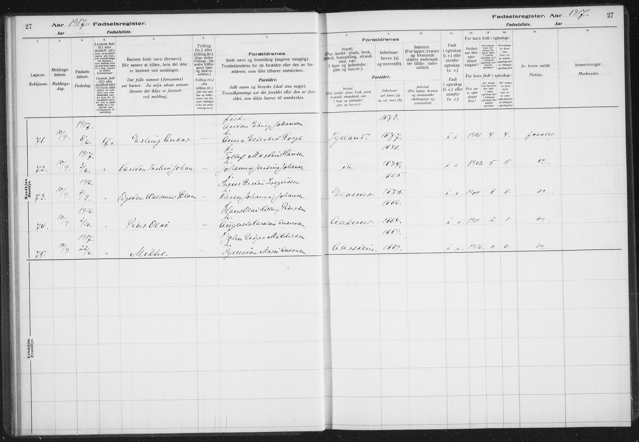 Ibestad sokneprestembete, AV/SATØ-S-0077/I/Ic/L0061: Birth register no. 61, 1917-1929, p. 27