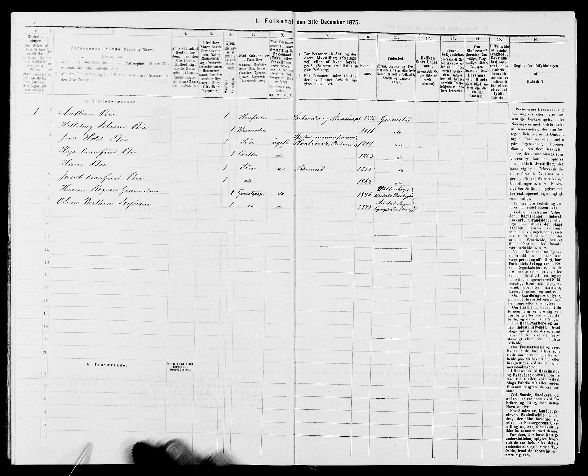 SAK, 1875 census for 0904B Fjære/Grimstad, 1875, p. 253