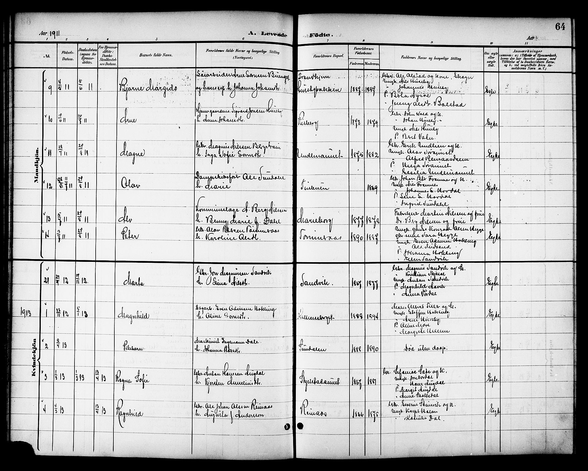 Ministerialprotokoller, klokkerbøker og fødselsregistre - Nord-Trøndelag, SAT/A-1458/714/L0135: Parish register (copy) no. 714C04, 1899-1918, p. 64