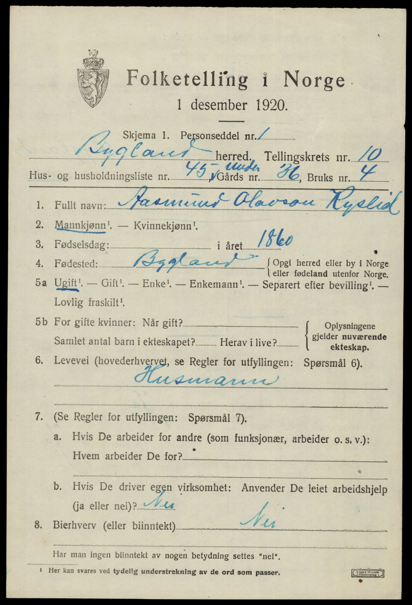 SAK, 1920 census for Bygland, 1920, p. 4121