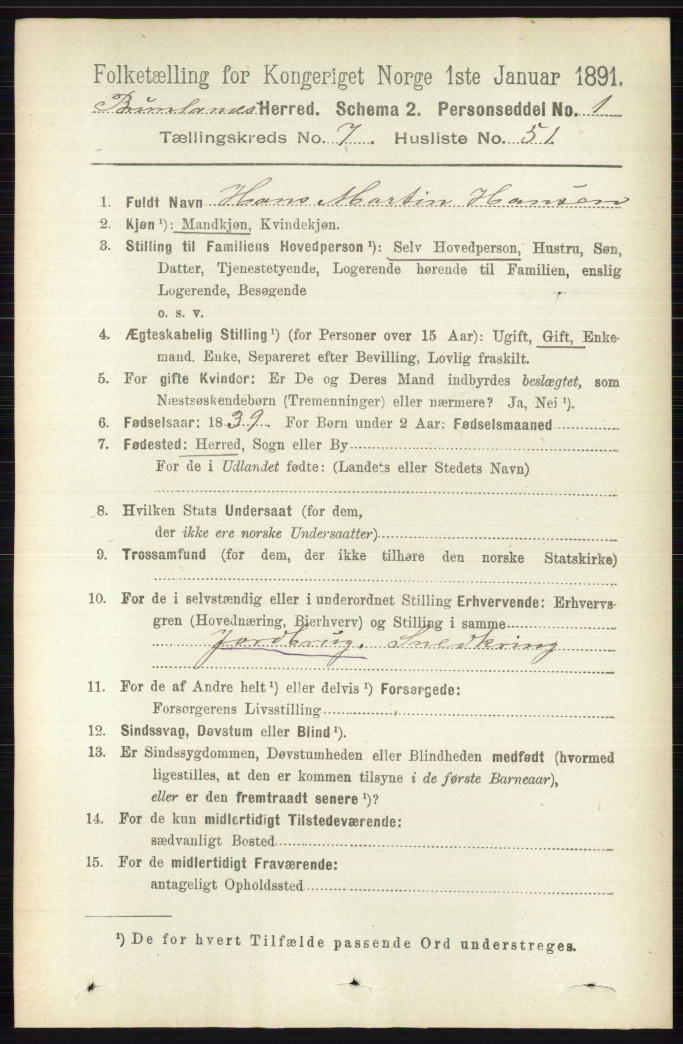 RA, 1891 census for 0726 Brunlanes, 1891, p. 3285