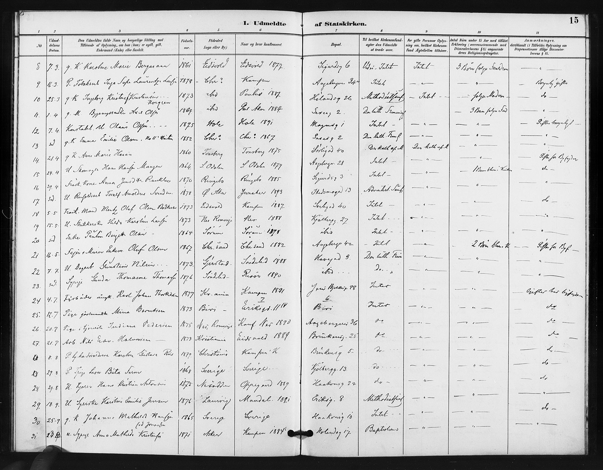 Kampen prestekontor Kirkebøker, AV/SAO-A-10853/F/Fb/L0002: Parish register (official) no. II 2, 1890-1911, p. 15