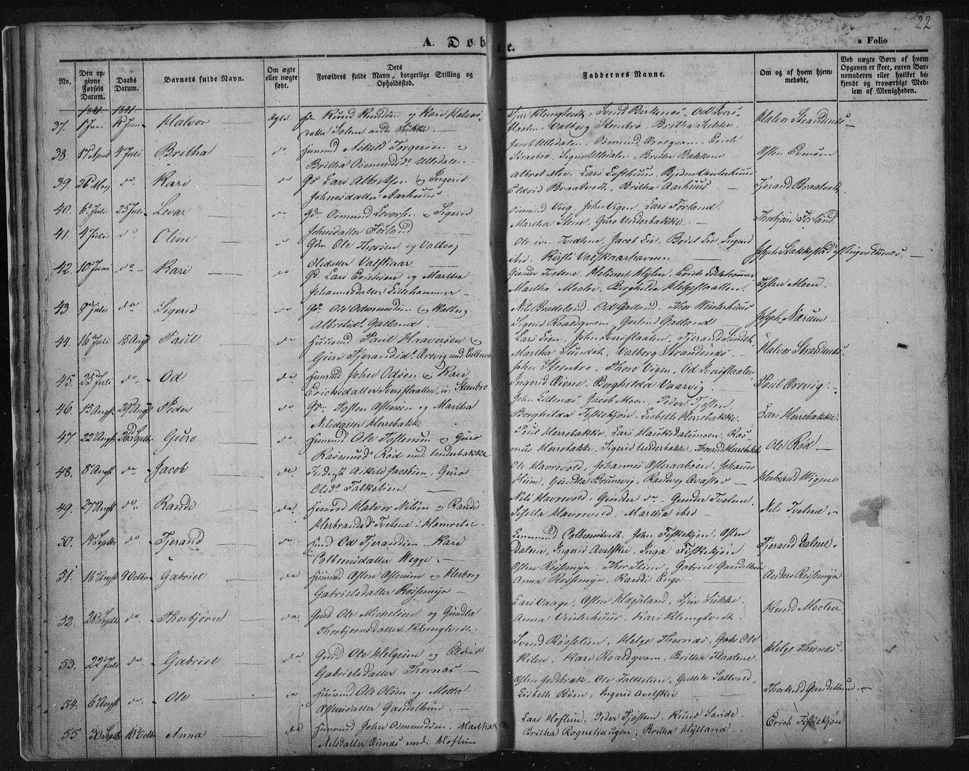Suldal sokneprestkontor, SAST/A-101845/01/IV/L0008: Parish register (official) no. A 8, 1836-1853, p. 22