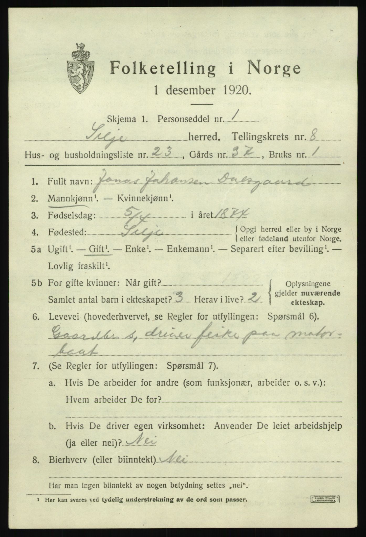 SAB, 1920 census for Selje, 1920, p. 4307