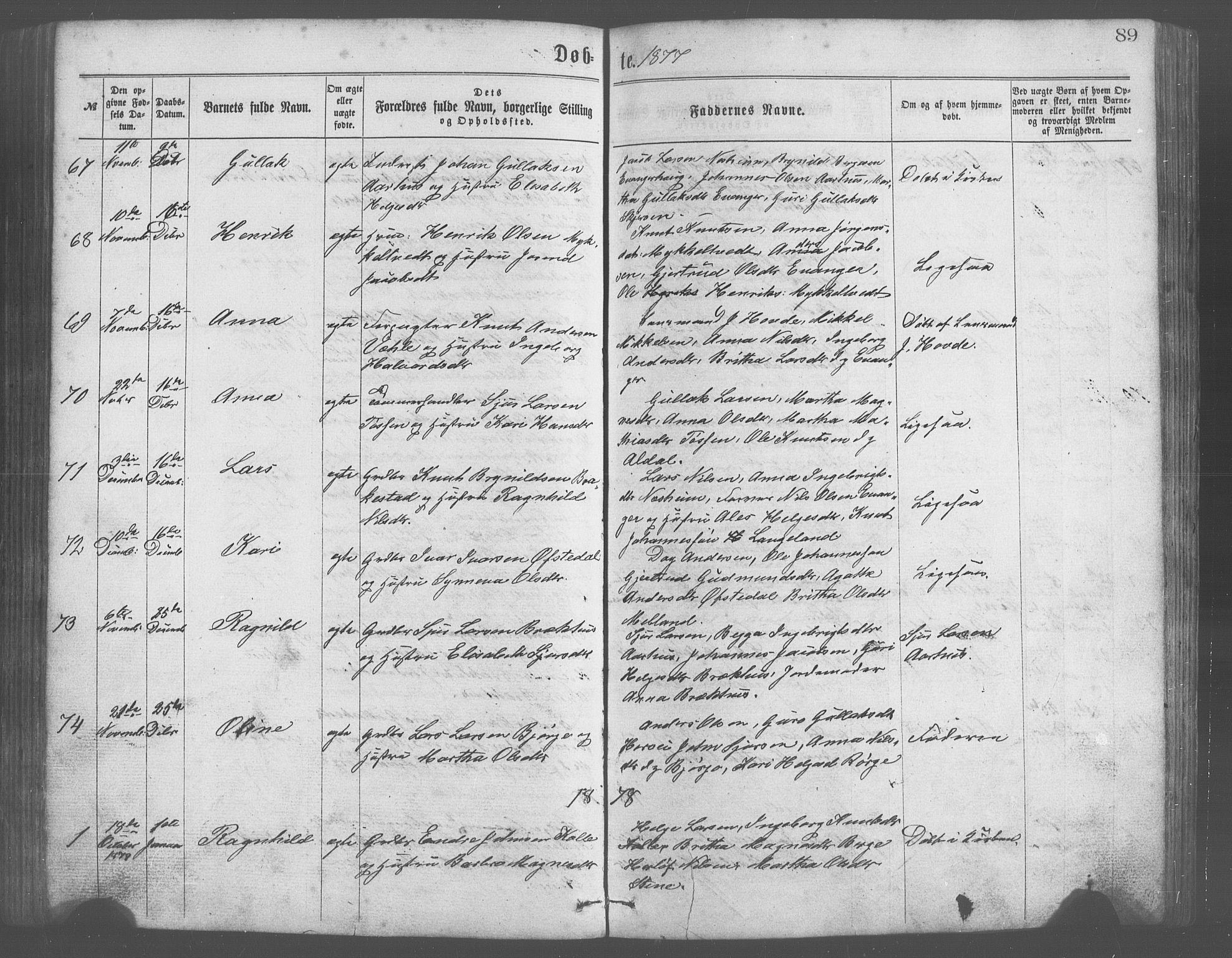 Evanger sokneprestembete, AV/SAB-A-99924: Parish register (copy) no. A 2, 1863-1879, p. 89