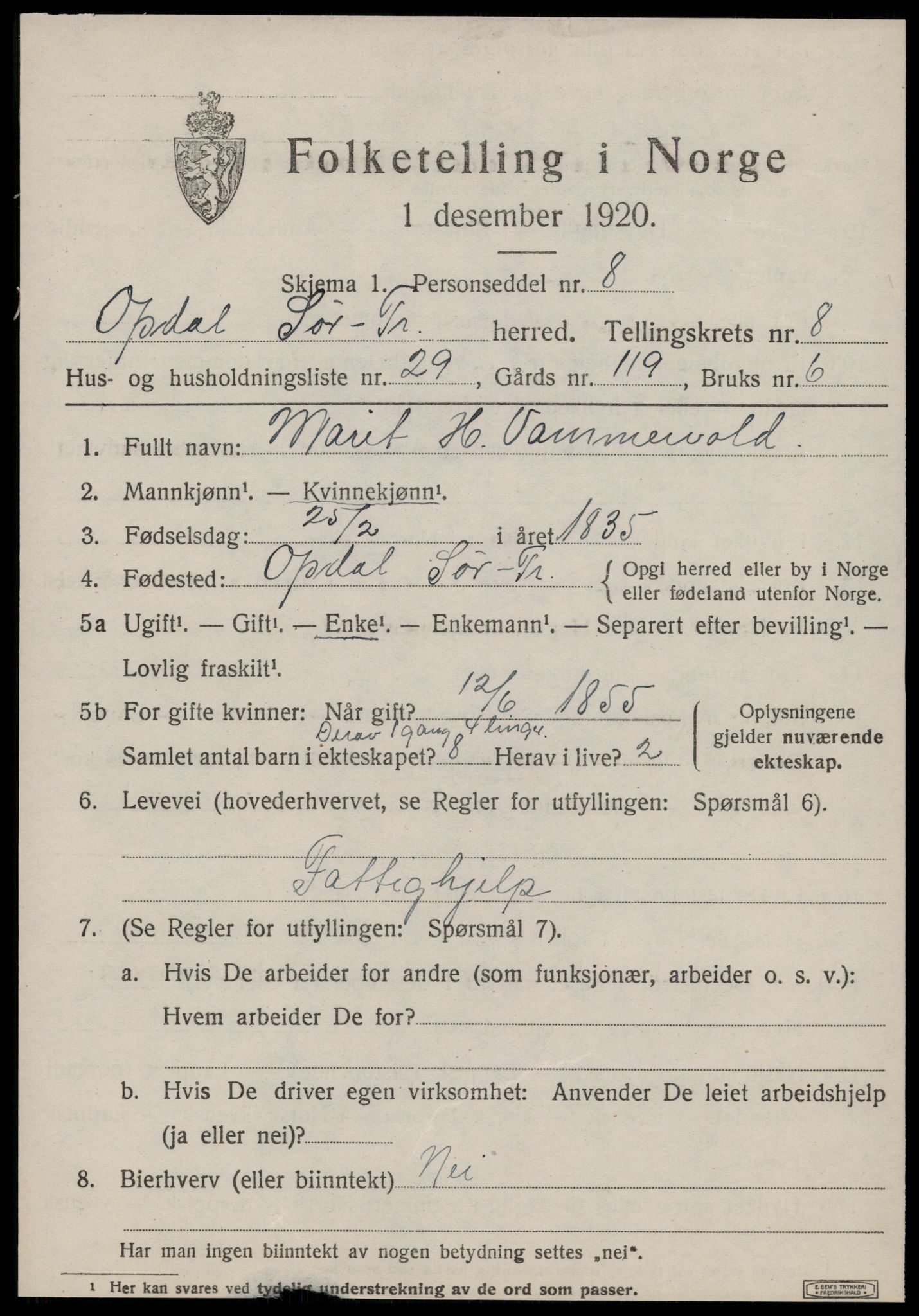 SAT, 1920 census for Oppdal, 1920, p. 7125