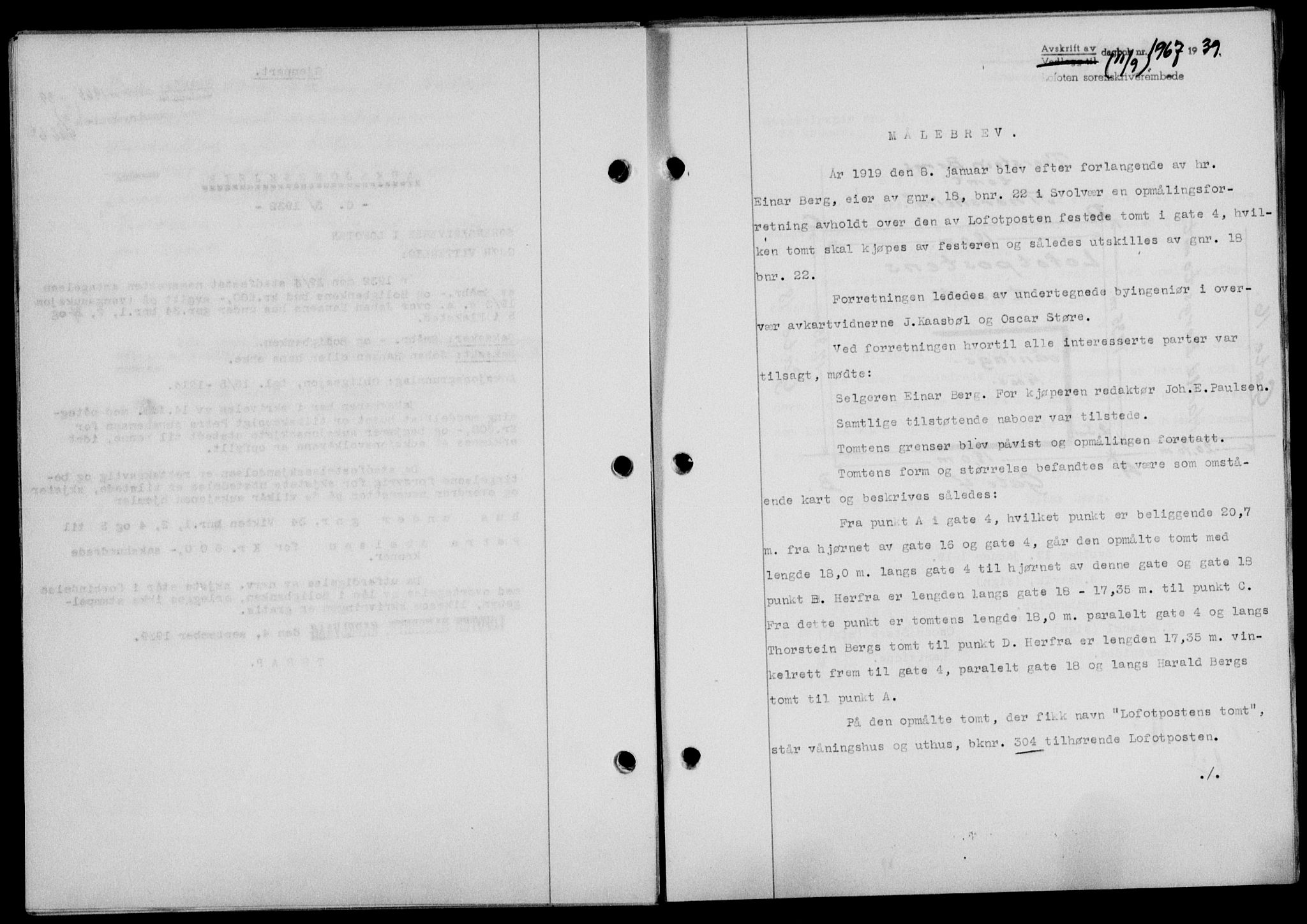 Lofoten sorenskriveri, SAT/A-0017/1/2/2C/L0006a: Mortgage book no. 6a, 1939-1939, Diary no: : 1967/1939