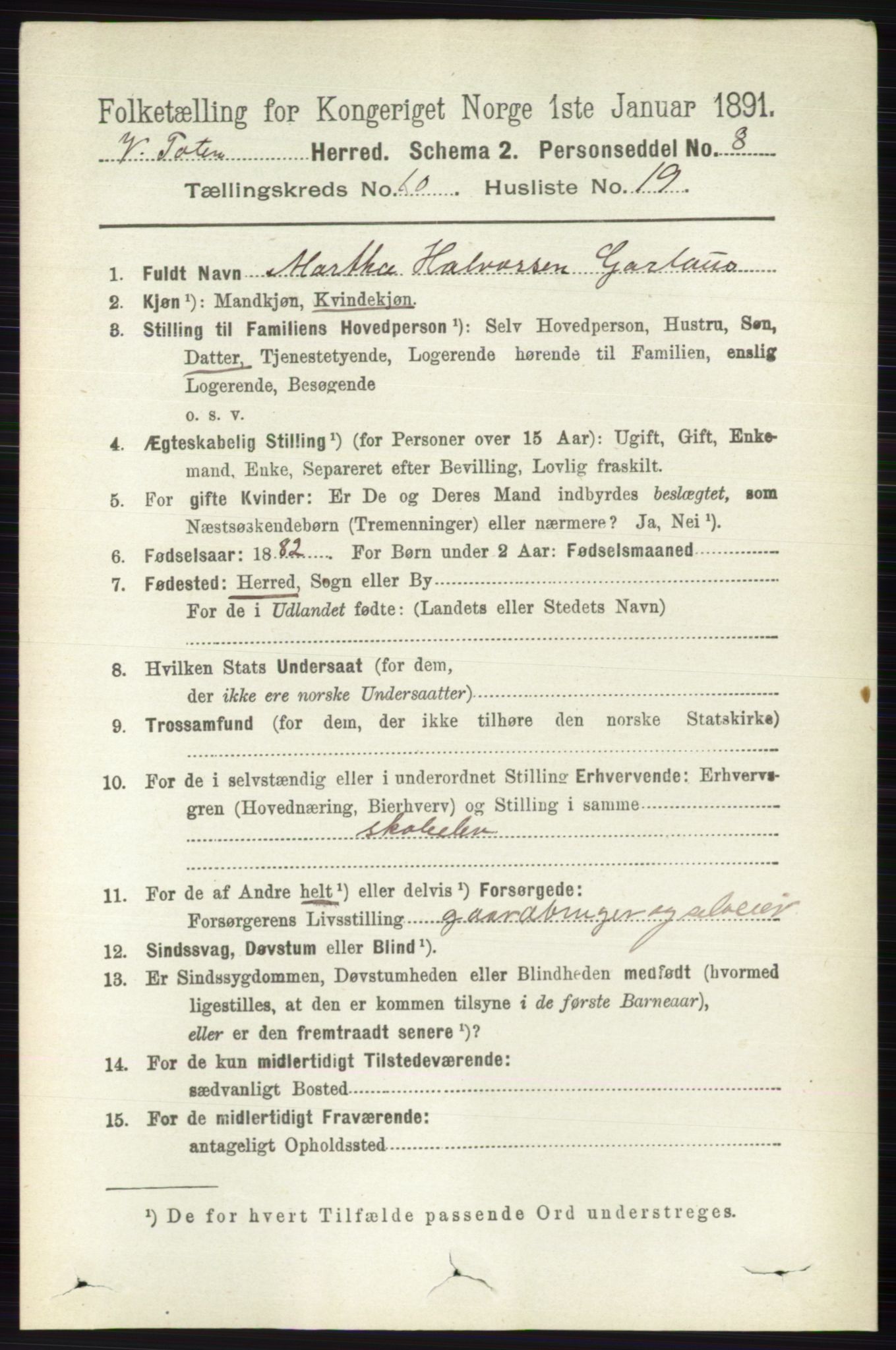 RA, 1891 census for 0529 Vestre Toten, 1891, p. 6306