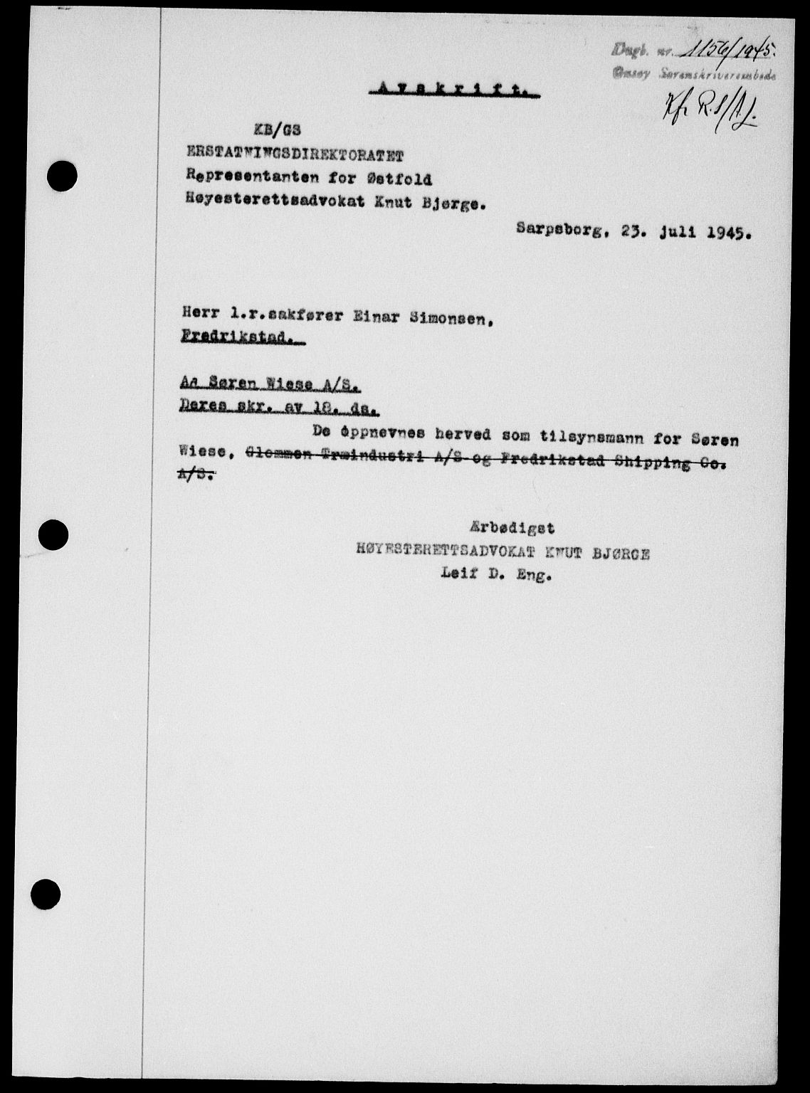 Onsøy sorenskriveri, SAO/A-10474/G/Ga/Gab/L0014: Mortgage book no. II A-14, 1944-1945, Diary no: : 1156/1945