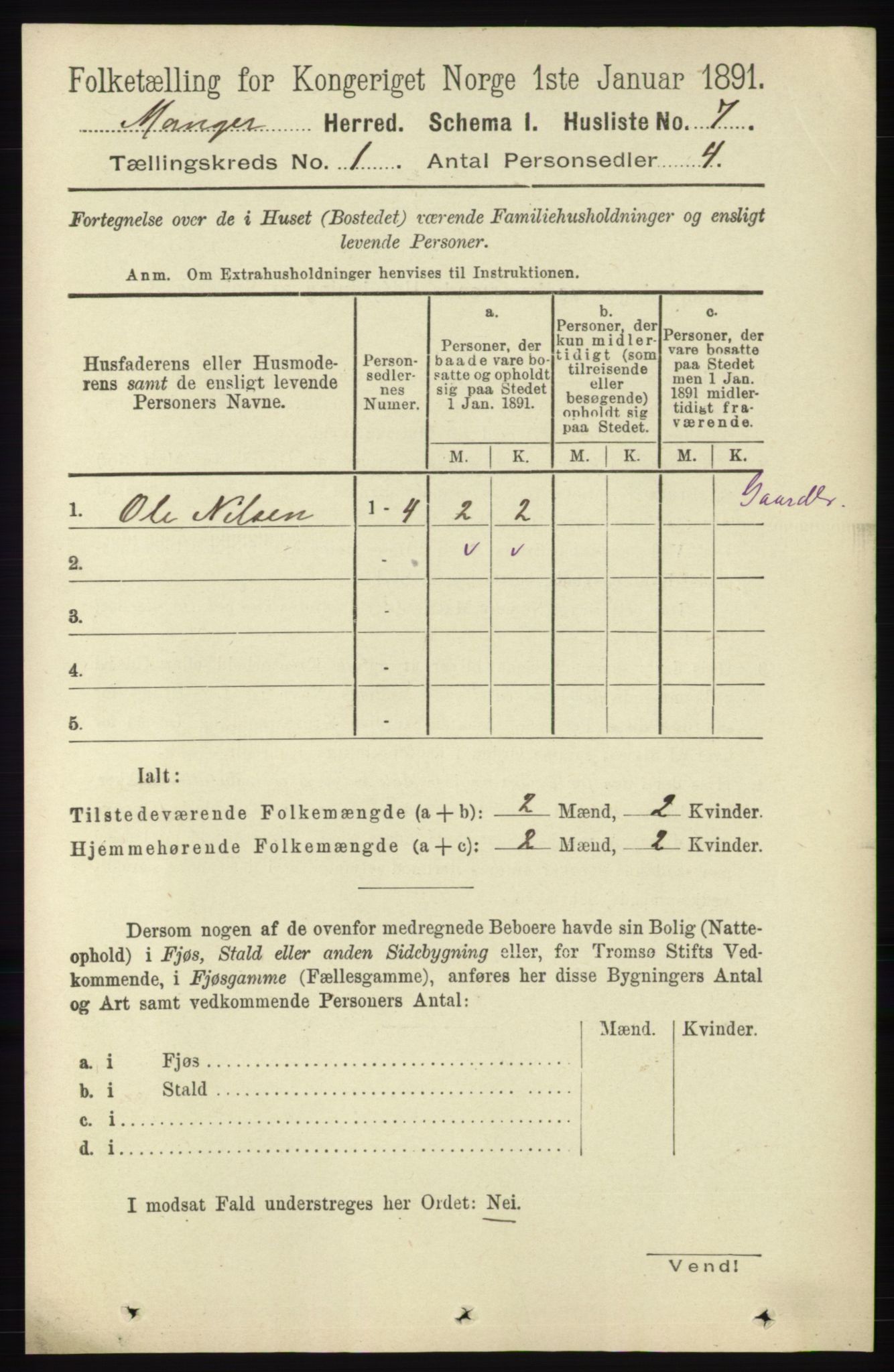 RA, 1891 census for 1261 Manger, 1891, p. 42