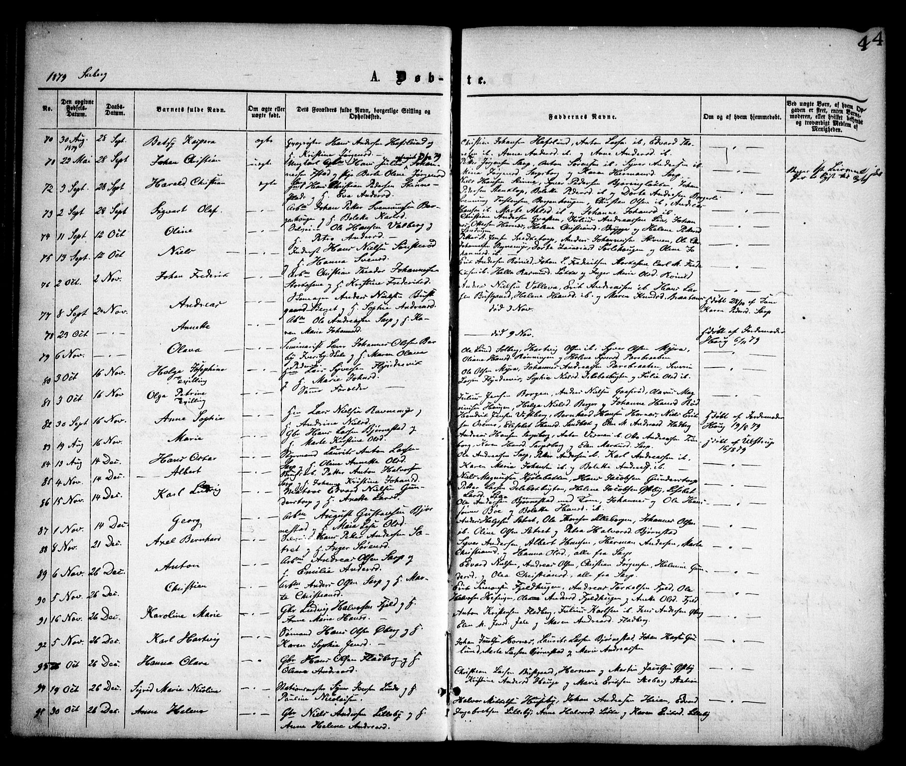 Skjeberg prestekontor Kirkebøker, SAO/A-10923/F/Fa/L0008: Parish register (official) no. I 8, 1869-1885, p. 44