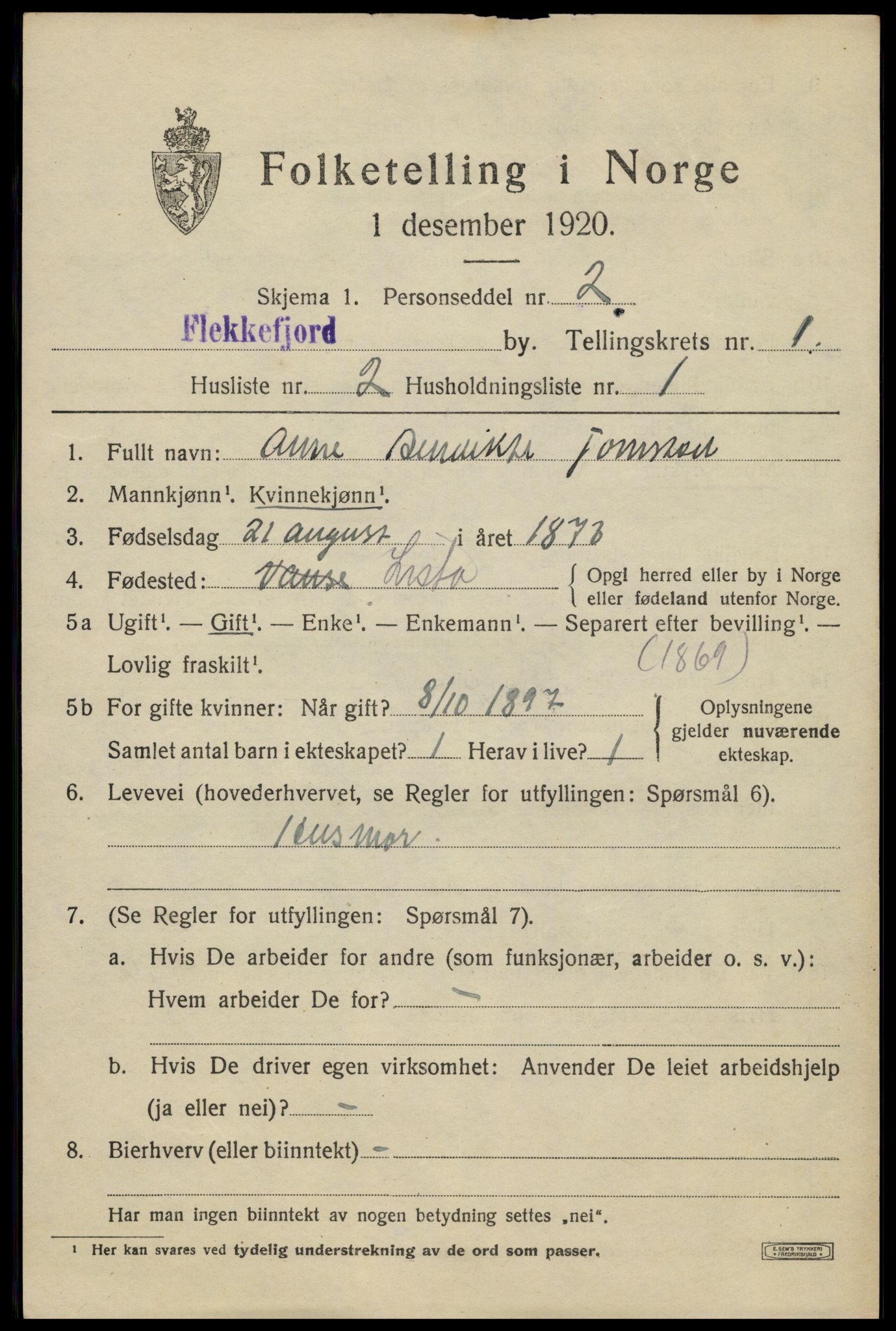 SAK, 1920 census for Flekkefjord, 1920, p. 1912