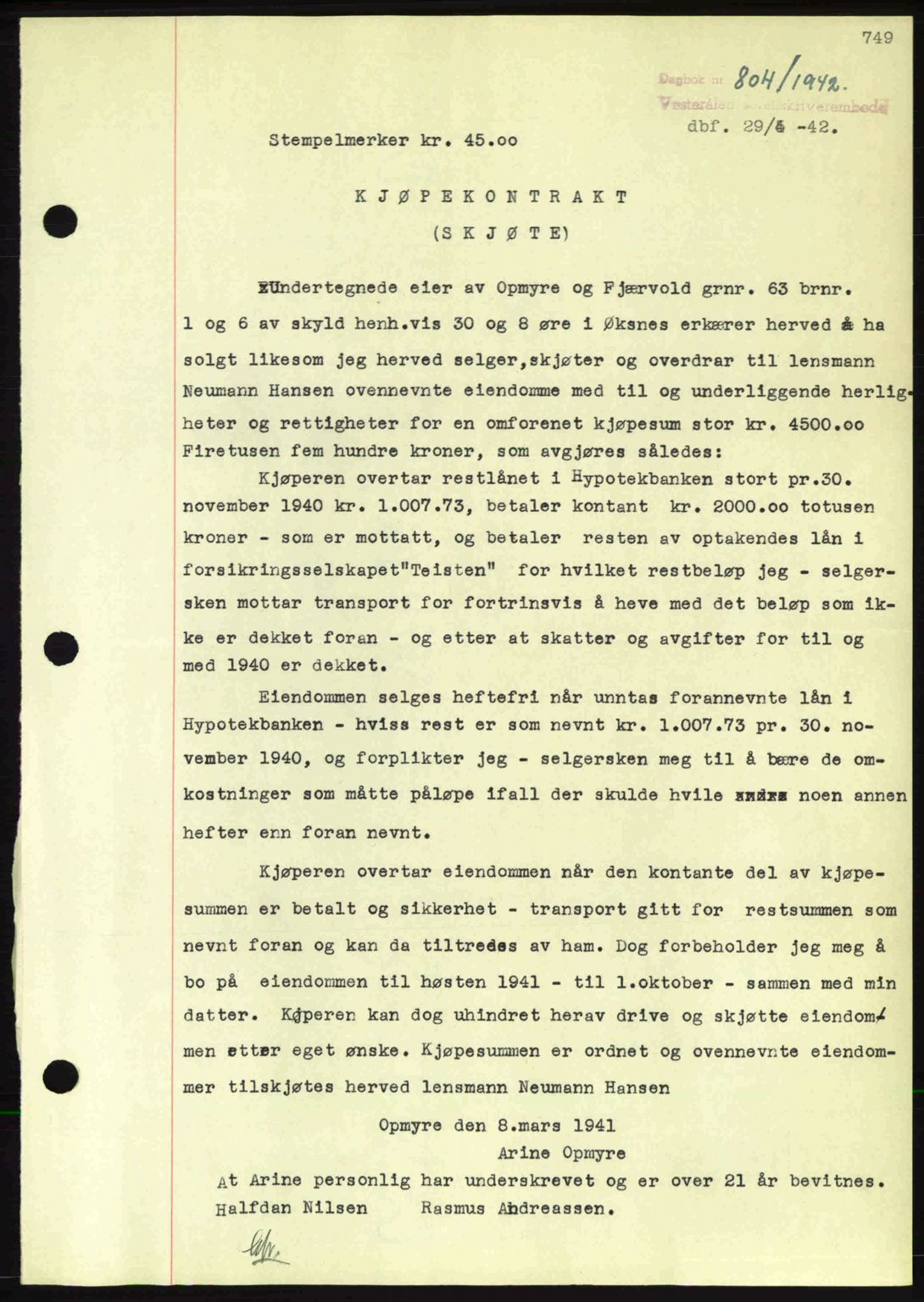 Vesterålen sorenskriveri, SAT/A-4180/1/2/2Ca: Mortgage book no. A12, 1941-1942, Diary no: : 804/1942