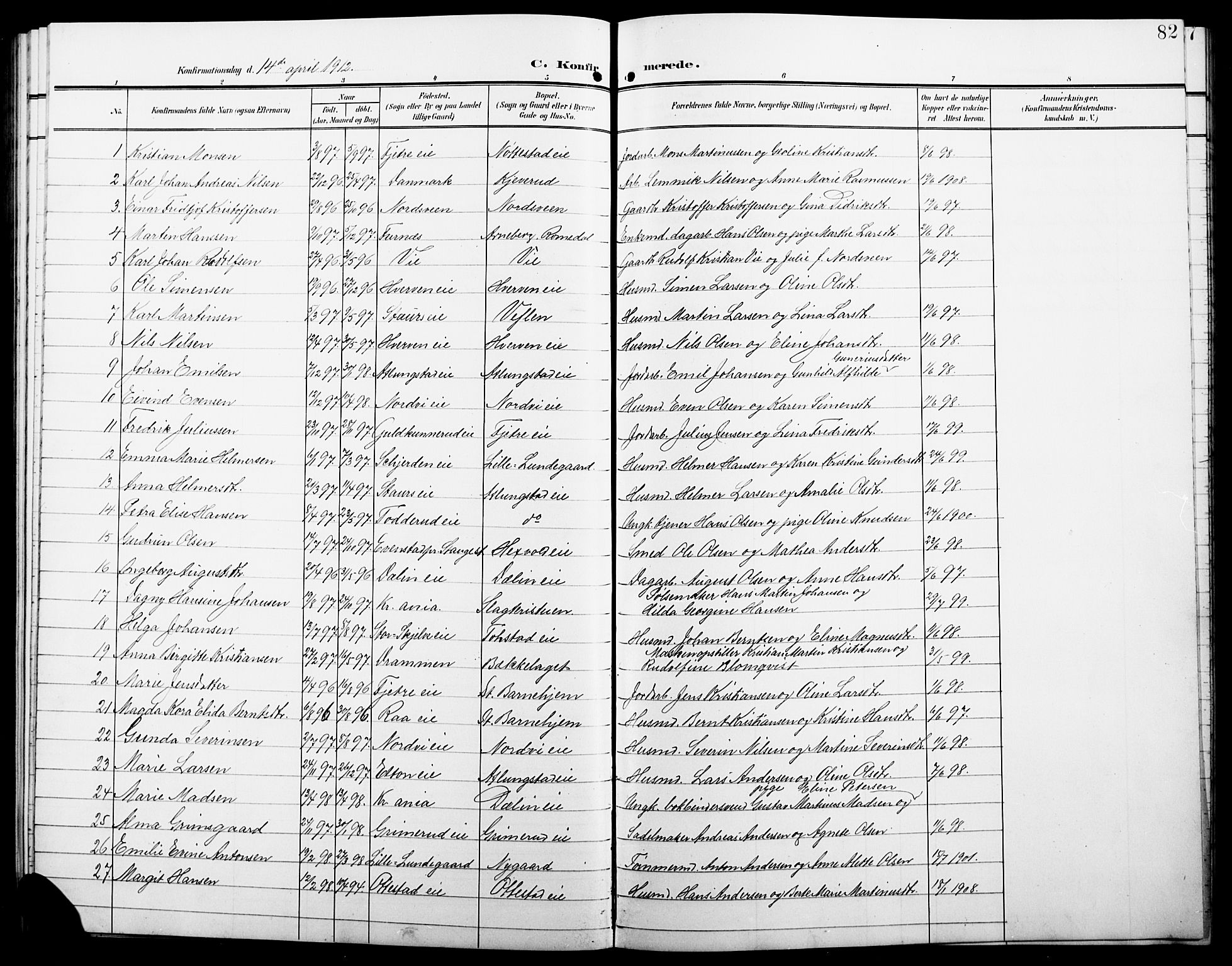 Stange prestekontor, SAH/PREST-002/L/L0013: Parish register (copy) no. 13, 1906-1915, p. 82