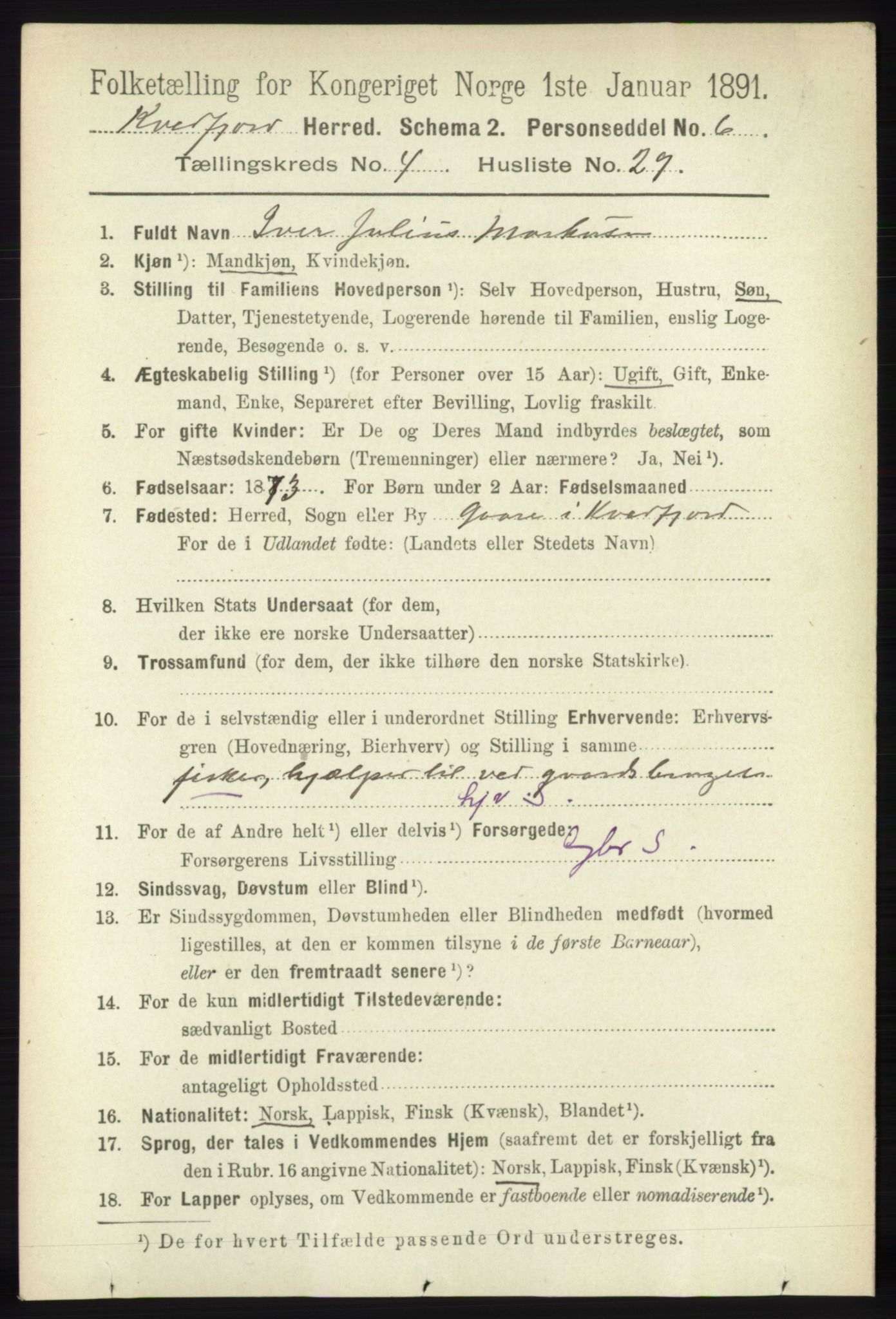 RA, 1891 census for 1911 Kvæfjord, 1891, p. 2079