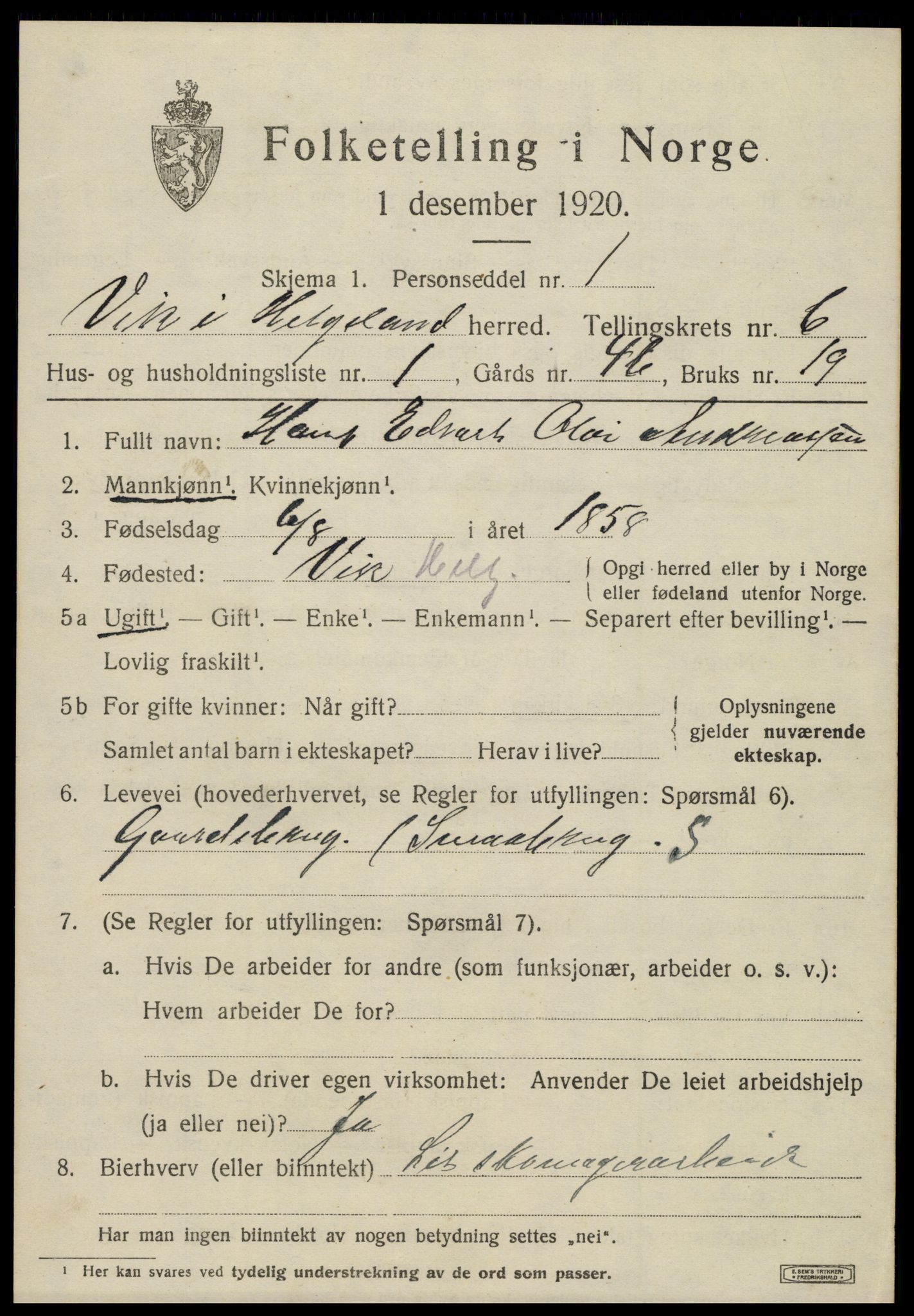 SAT, 1920 census for Vik, 1920, p. 3573