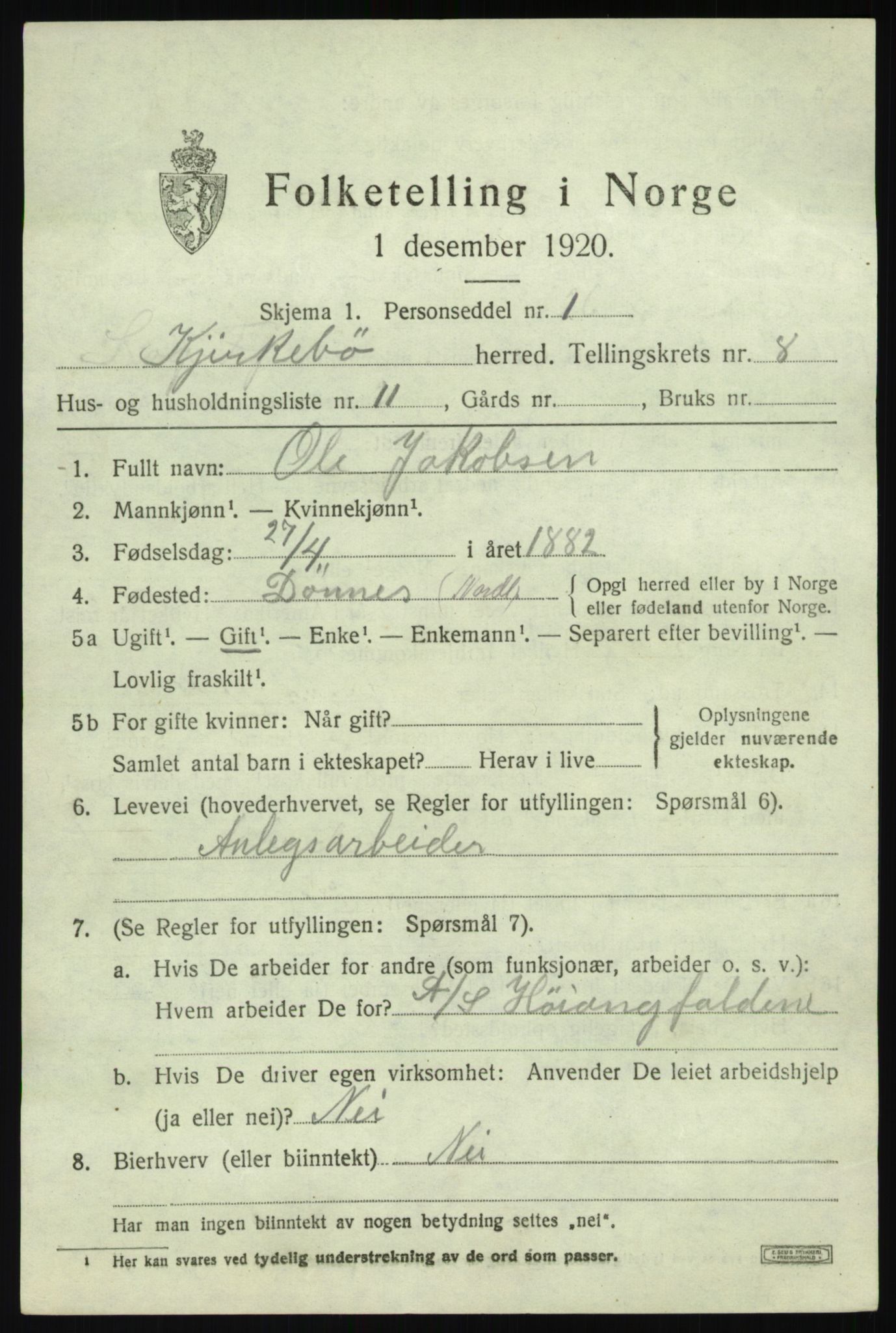 SAB, 1920 census for Kyrkjebø, 1920, p. 3851