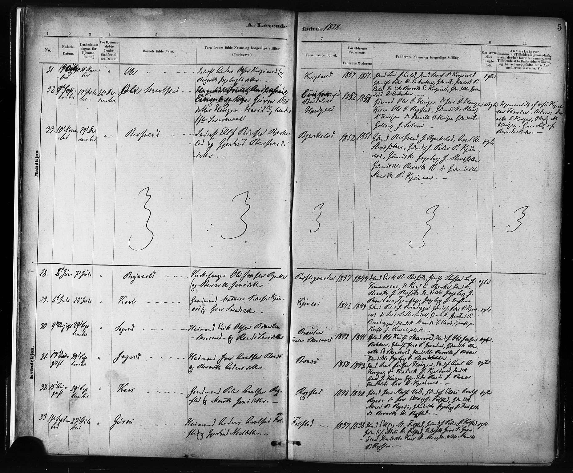Ministerialprotokoller, klokkerbøker og fødselsregistre - Sør-Trøndelag, AV/SAT-A-1456/687/L1002: Parish register (official) no. 687A08, 1878-1890, p. 5