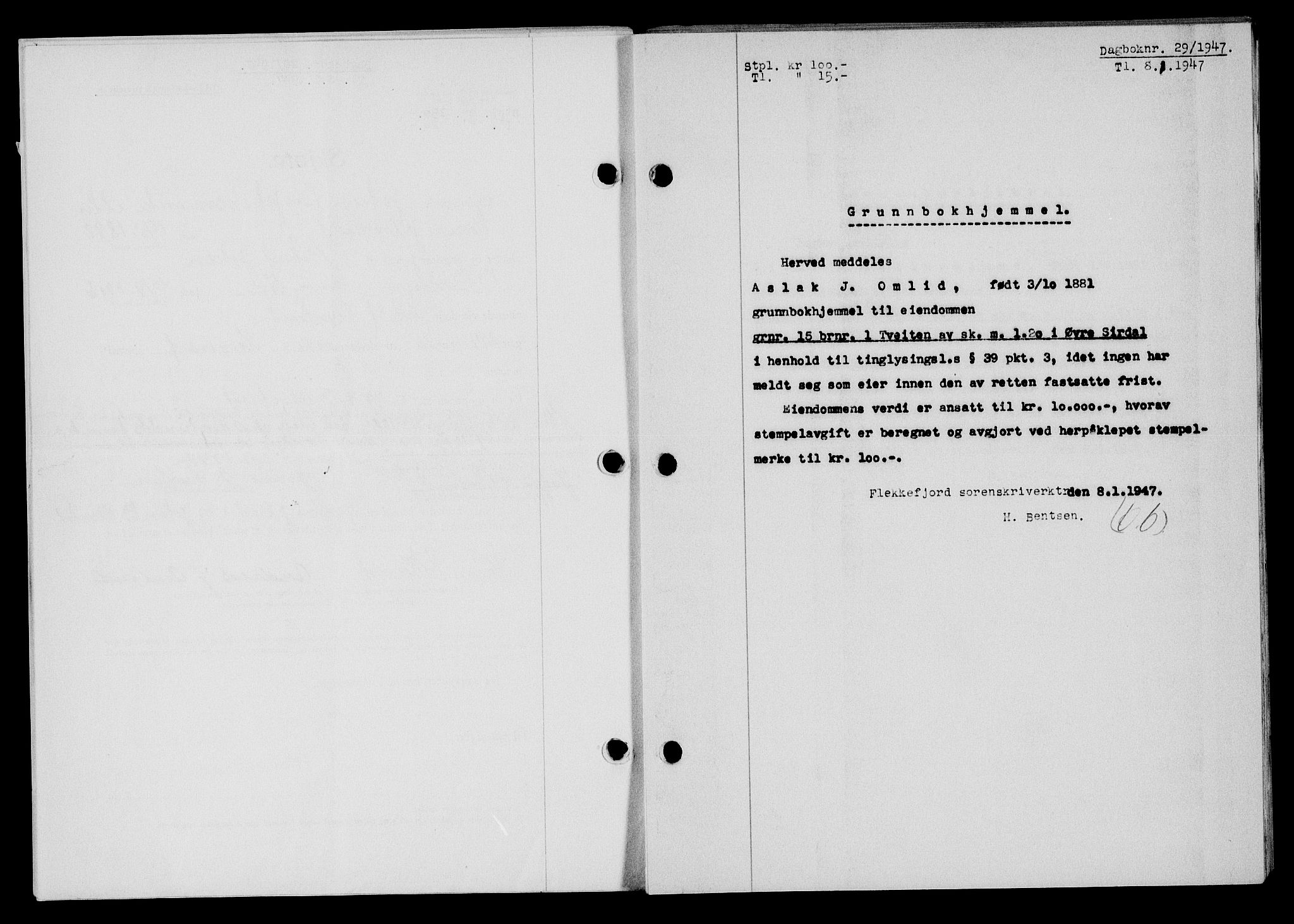Flekkefjord sorenskriveri, SAK/1221-0001/G/Gb/Gba/L0061: Mortgage book no. A-9, 1946-1947, Diary no: : 29/1947