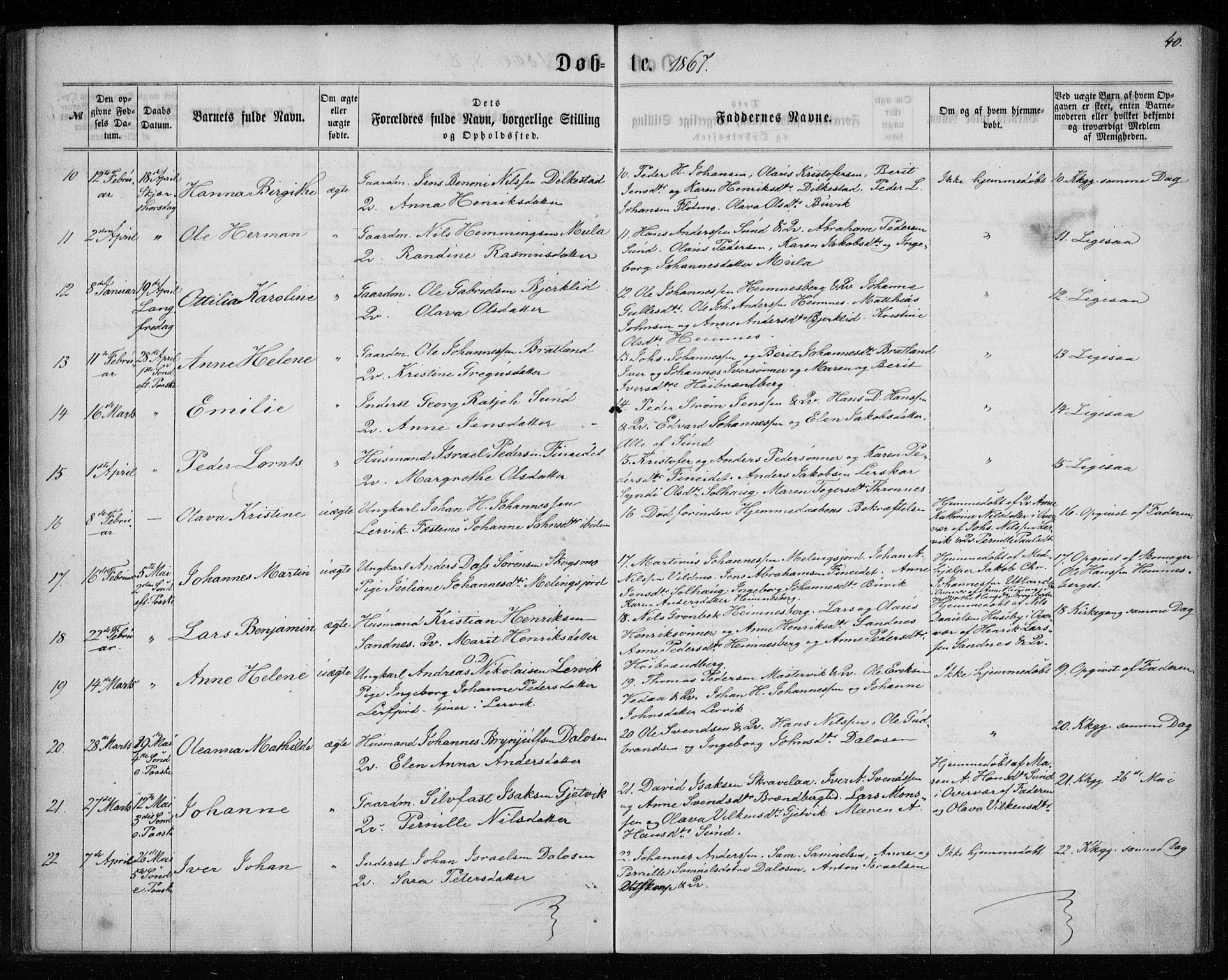 Ministerialprotokoller, klokkerbøker og fødselsregistre - Nordland, SAT/A-1459/825/L0356: Parish register (official) no. 825A10, 1861-1878, p. 40