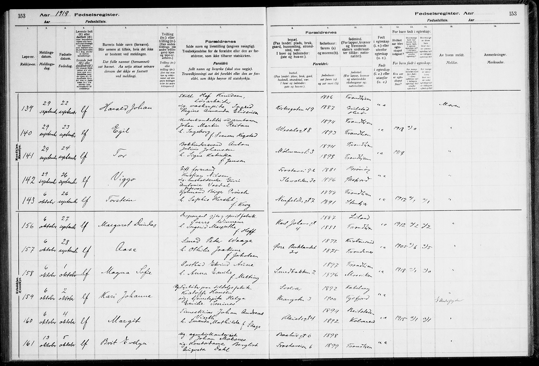 Ministerialprotokoller, klokkerbøker og fødselsregistre - Sør-Trøndelag, AV/SAT-A-1456/600/L0002: Birth register no. 600.II.4.1, 1916-1920, p. 153