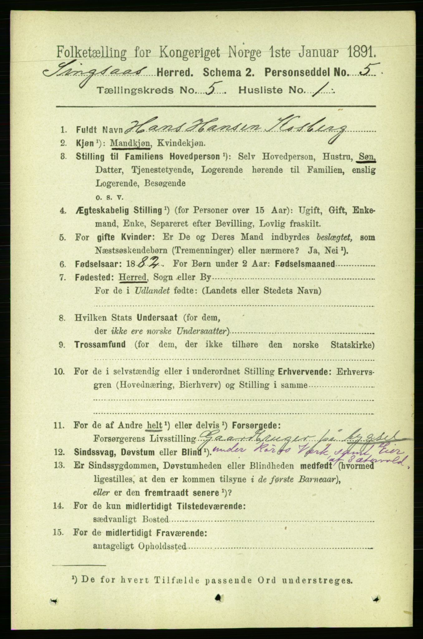 RA, 1891 census for 1646 Singsås, 1891, p. 1011