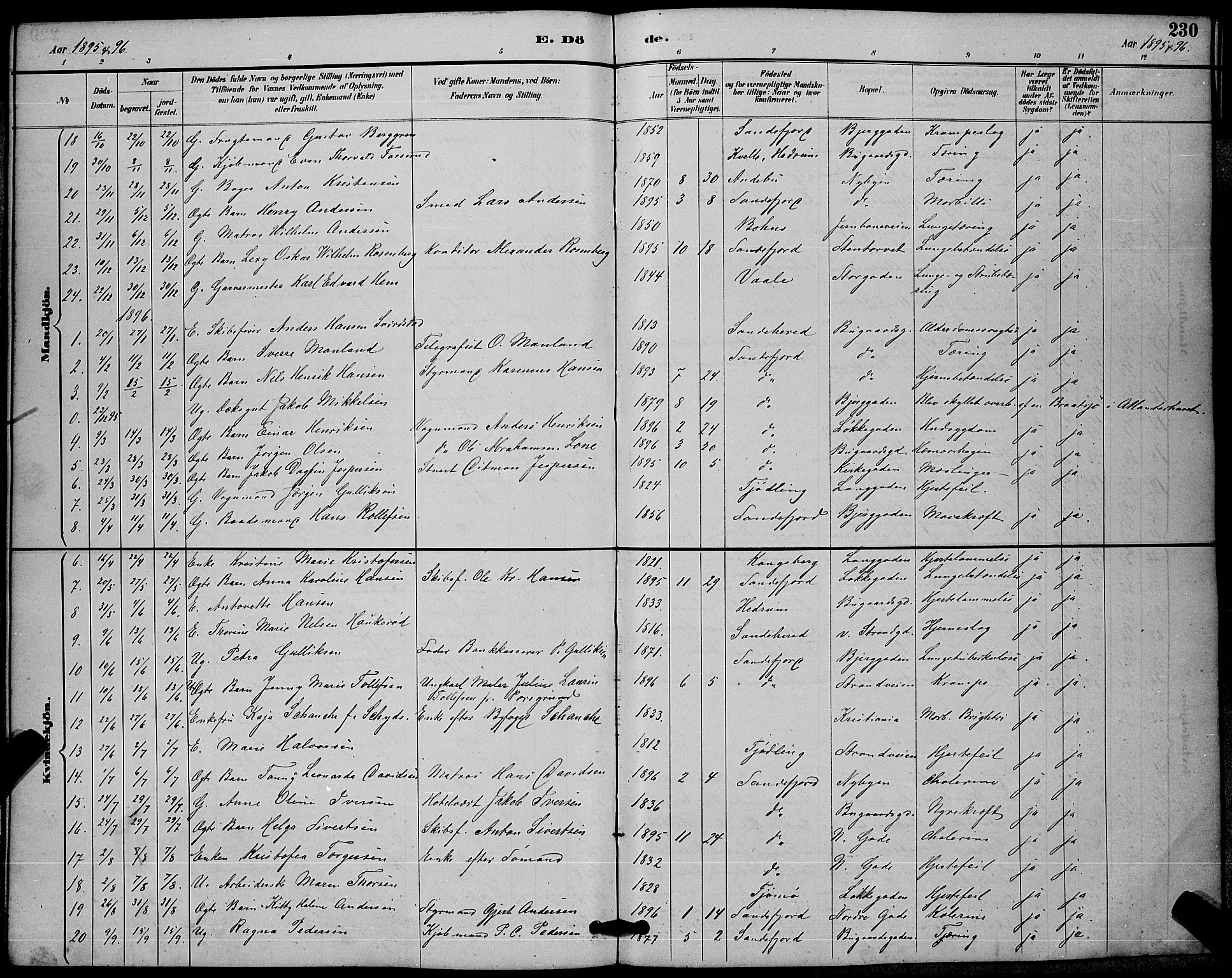 Sandefjord kirkebøker, AV/SAKO-A-315/G/Ga/L0001: Parish register (copy) no. 1, 1885-1903, p. 230